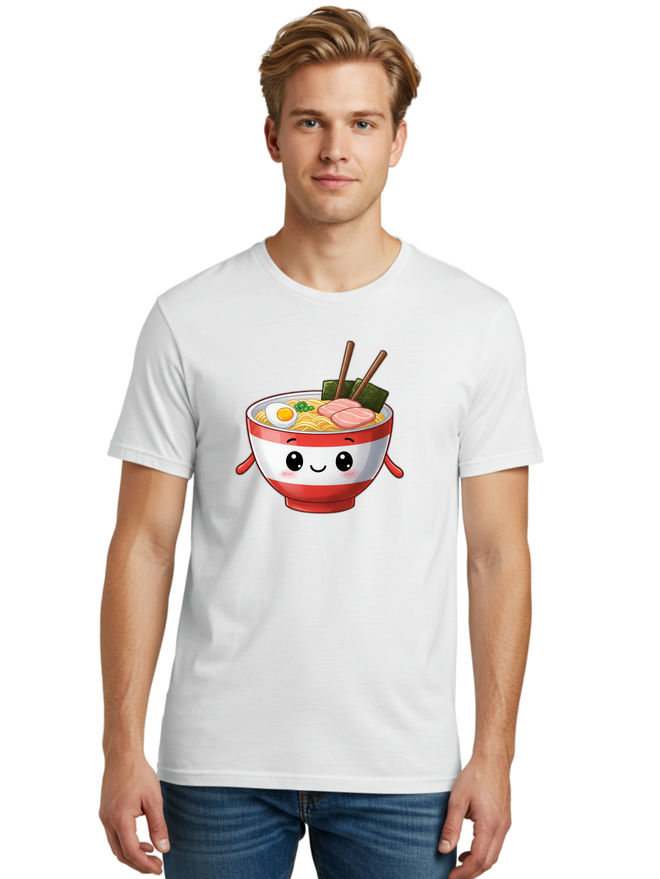 Ramen-Noodle-Bowl Men'S Graphic Tee, 100% Cotton, Comfortable Casual Summer Wear, Machine Washable, Cartoon Ramen Bowl, Japanese Food, Noodle Soup, Egg, Pork Slices, Seaweed, Chopsticks, Kawaii Character, Cute Design, Anime Style Bab307 16