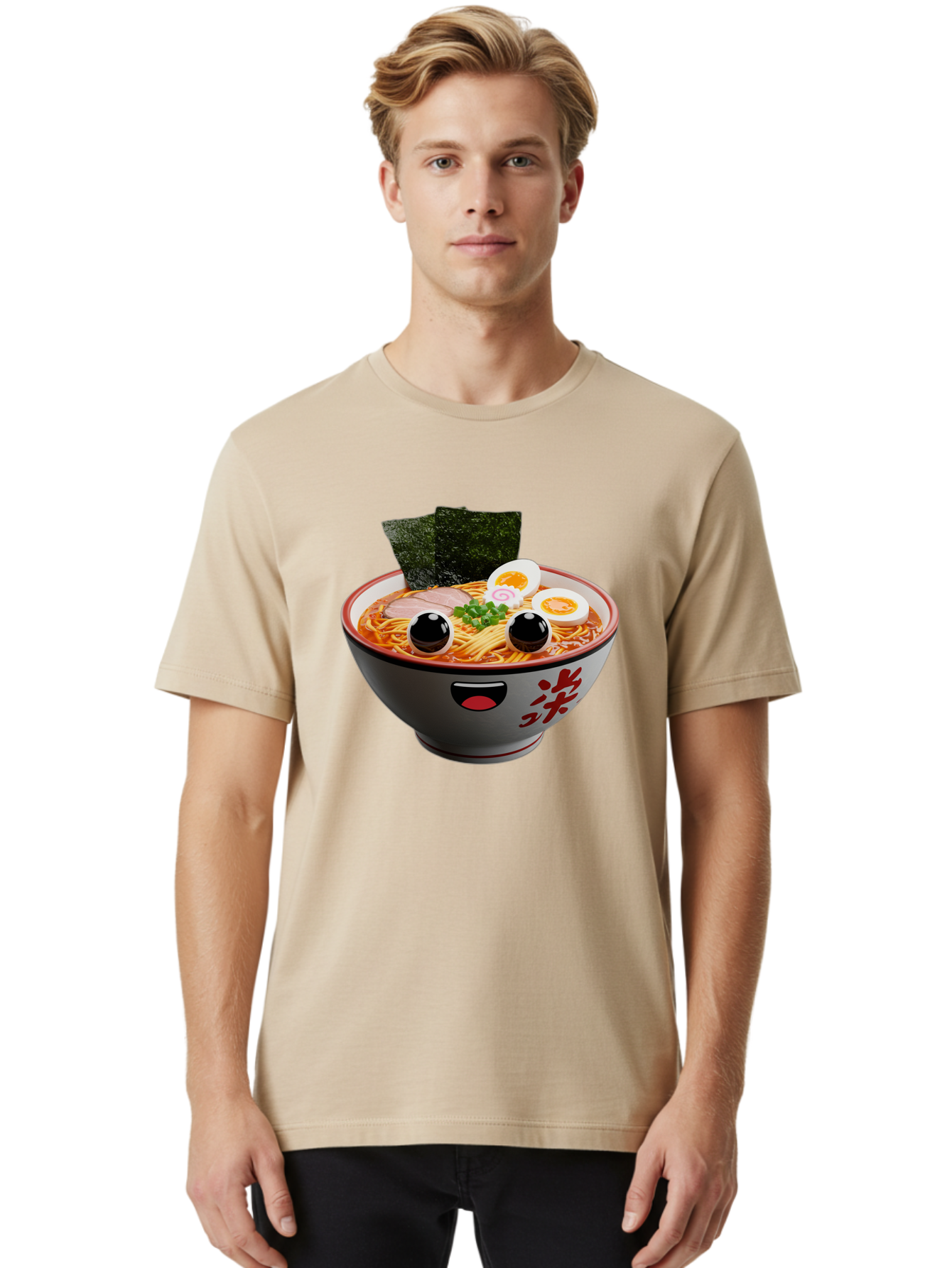 Ramen-Noodle Men'S Graphic Tee, 100% Cotton, Comfortable Casual Summer Wear, Machine Washable, Steaming Bowl Of Ramen, Japanese Cuisine, Noodle Soup, Sliced Pork, Boiled Egg, Green Onions, Seaweed, Cartoonish Illustration, Kawaii Food, Bab308 4