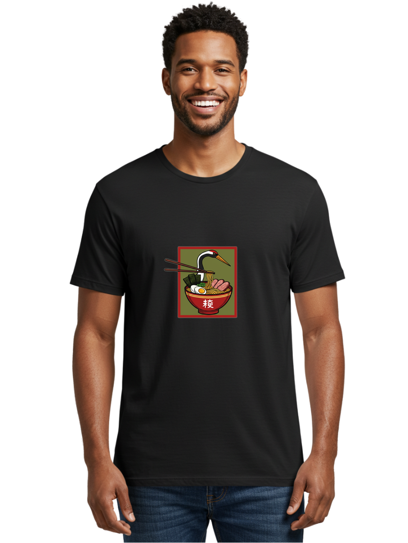 Ramen-With-Crane Men'S Graphic Tee, 100% Cotton, Comfortable Casual Summer Wear, Machine Washable, Ramen Bowl, Japanese Noodle Soup, Crane Bird, Chopsticks, Boiled Egg, Pork Slices, Seaweed, Kanji Characters, Oriental Cuisine, Savory Dish Bab319 8