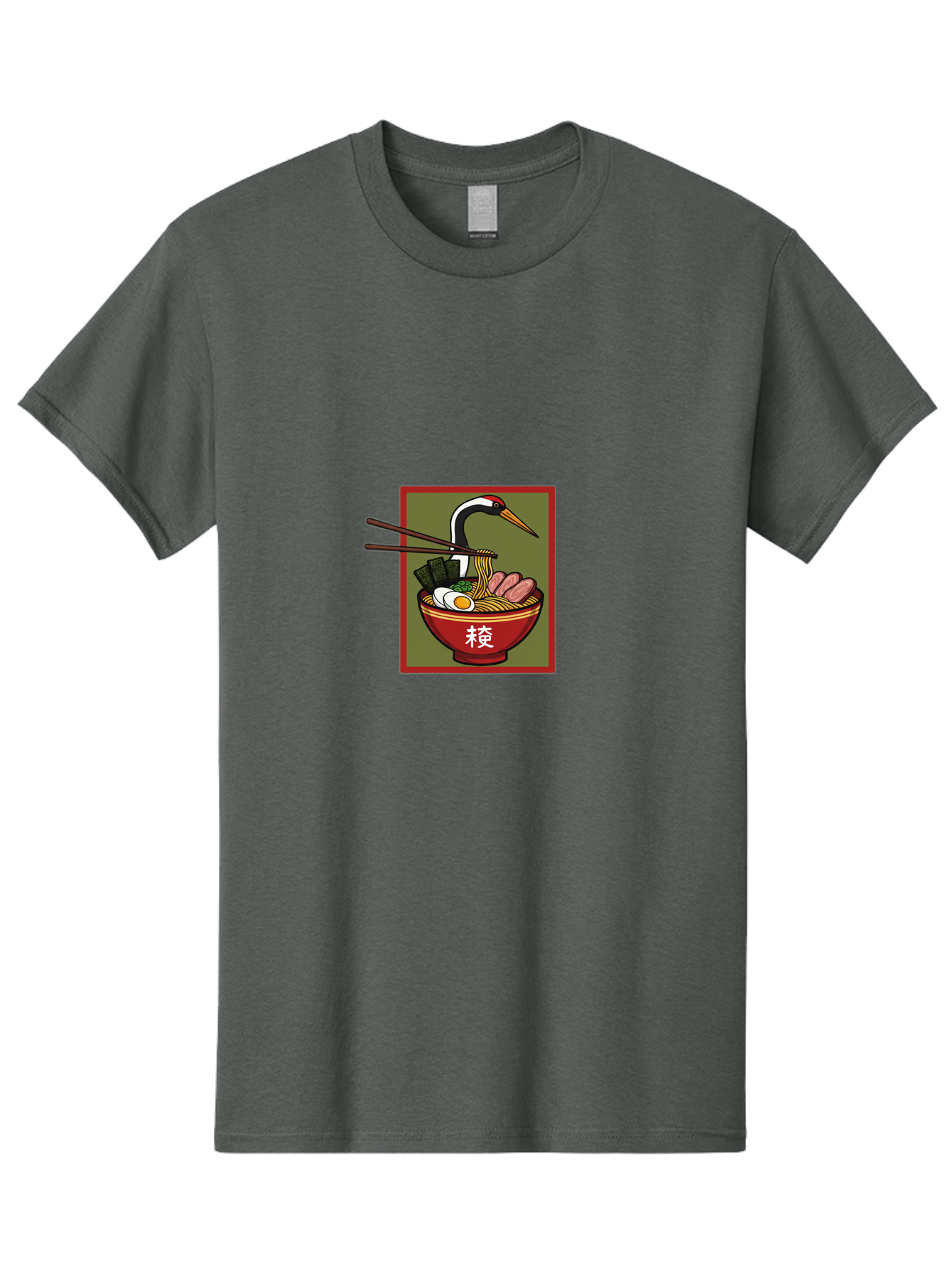 Ramen-With-Crane Men'S Graphic Tee, 100% Cotton, Comfortable Casual Summer Wear, Machine Washable, Ramen Bowl, Japanese Noodle Soup, Crane Bird, Chopsticks, Boiled Egg, Pork Slices, Seaweed, Kanji Characters, Oriental Cuisine, Savory Dish Bab319 15