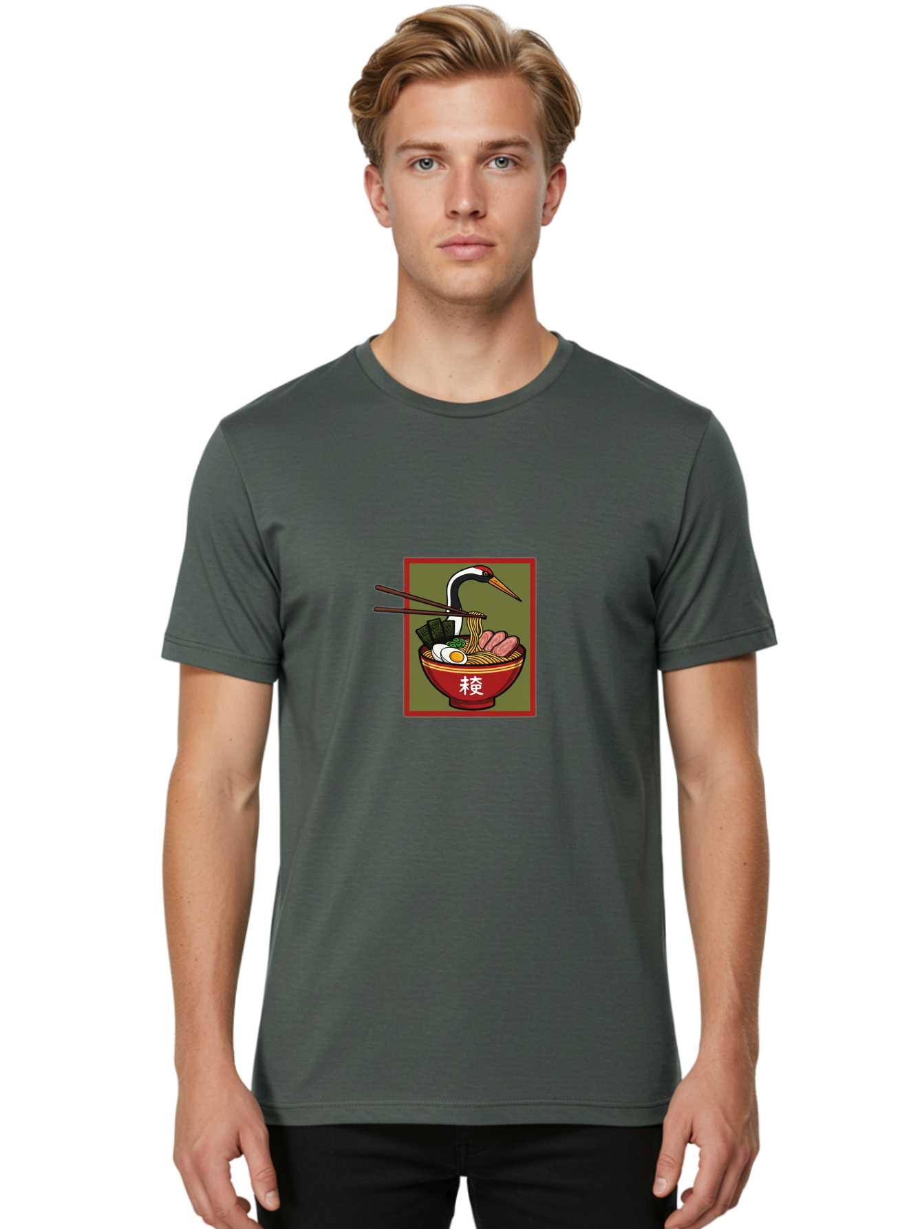Ramen-With-Crane Men'S Graphic Tee, 100% Cotton, Comfortable Casual Summer Wear, Machine Washable, Ramen Bowl, Japanese Noodle Soup, Crane Bird, Chopsticks, Boiled Egg, Pork Slices, Seaweed, Kanji Characters, Oriental Cuisine, Savory Dish Bab319 16