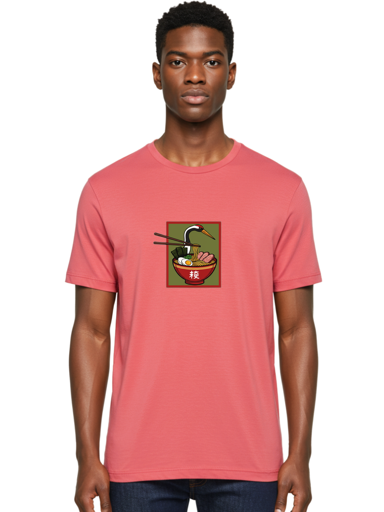 Ramen-With-Crane Men'S Graphic Tee, 100% Cotton, Comfortable Casual Summer Wear, Machine Washable, Ramen Bowl, Japanese Noodle Soup, Crane Bird, Chopsticks, Boiled Egg, Pork Slices, Seaweed, Kanji Characters, Oriental Cuisine, Savory Dish Bab319 6
