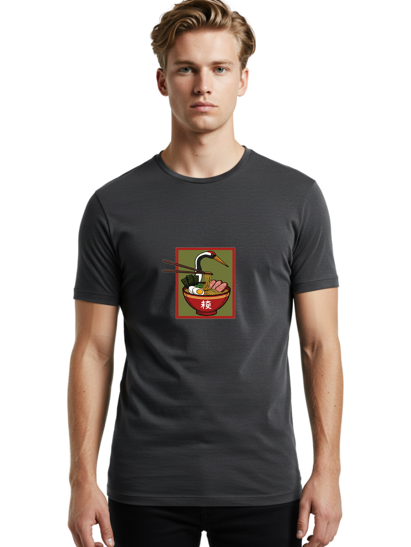 Ramen-With-Crane Men'S Graphic Tee, 100% Cotton, Comfortable Casual Summer Wear, Machine Washable, Ramen Bowl, Japanese Noodle Soup, Crane Bird, Chopsticks, Boiled Egg, Pork Slices, Seaweed, Kanji Characters, Oriental Cuisine, Savory Dish Bab319 18