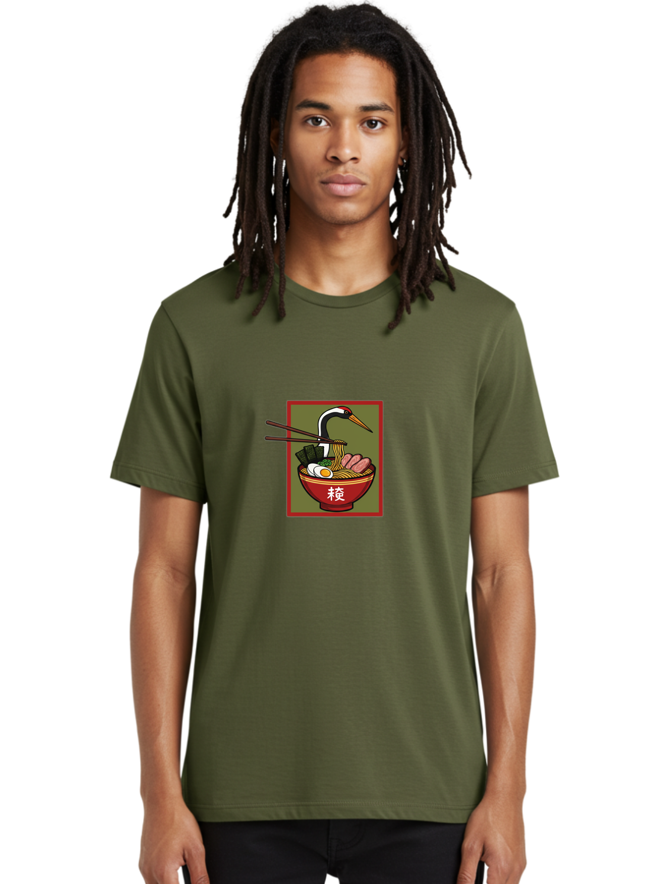 Ramen-With-Crane Men'S Graphic Tee, 100% Cotton, Comfortable Casual Summer Wear, Machine Washable, Ramen Bowl, Japanese Noodle Soup, Crane Bird, Chopsticks, Boiled Egg, Pork Slices, Seaweed, Kanji Characters, Oriental Cuisine, Savory Dish Bab319 20