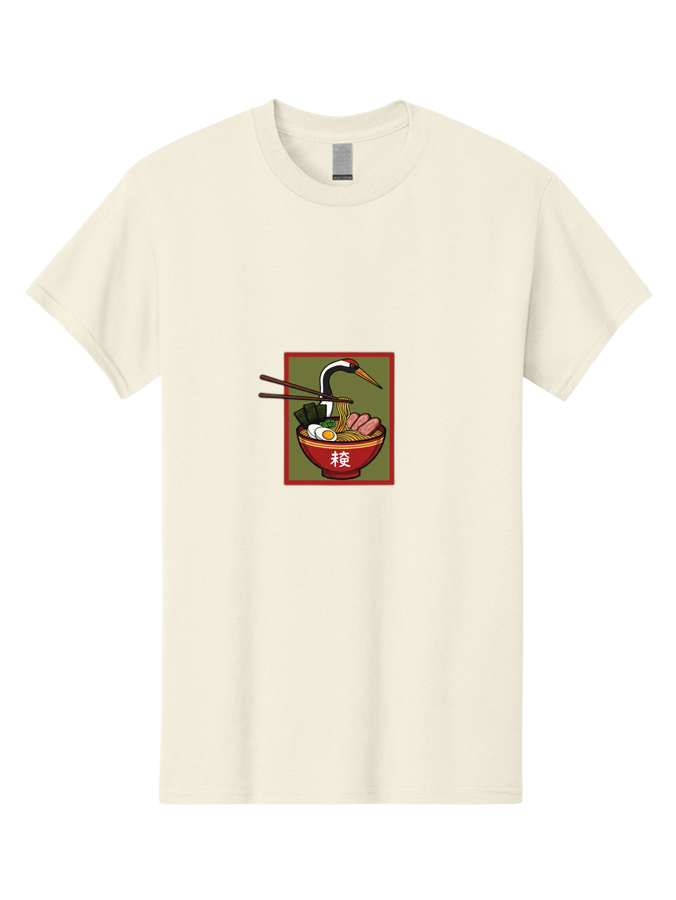 Ramen-With-Crane Men'S Graphic Tee, 100% Cotton, Comfortable Casual Summer Wear, Machine Washable, Ramen Bowl, Japanese Noodle Soup, Crane Bird, Chopsticks, Boiled Egg, Pork Slices, Seaweed, Kanji Characters, Oriental Cuisine, Savory Dish Bab319 27