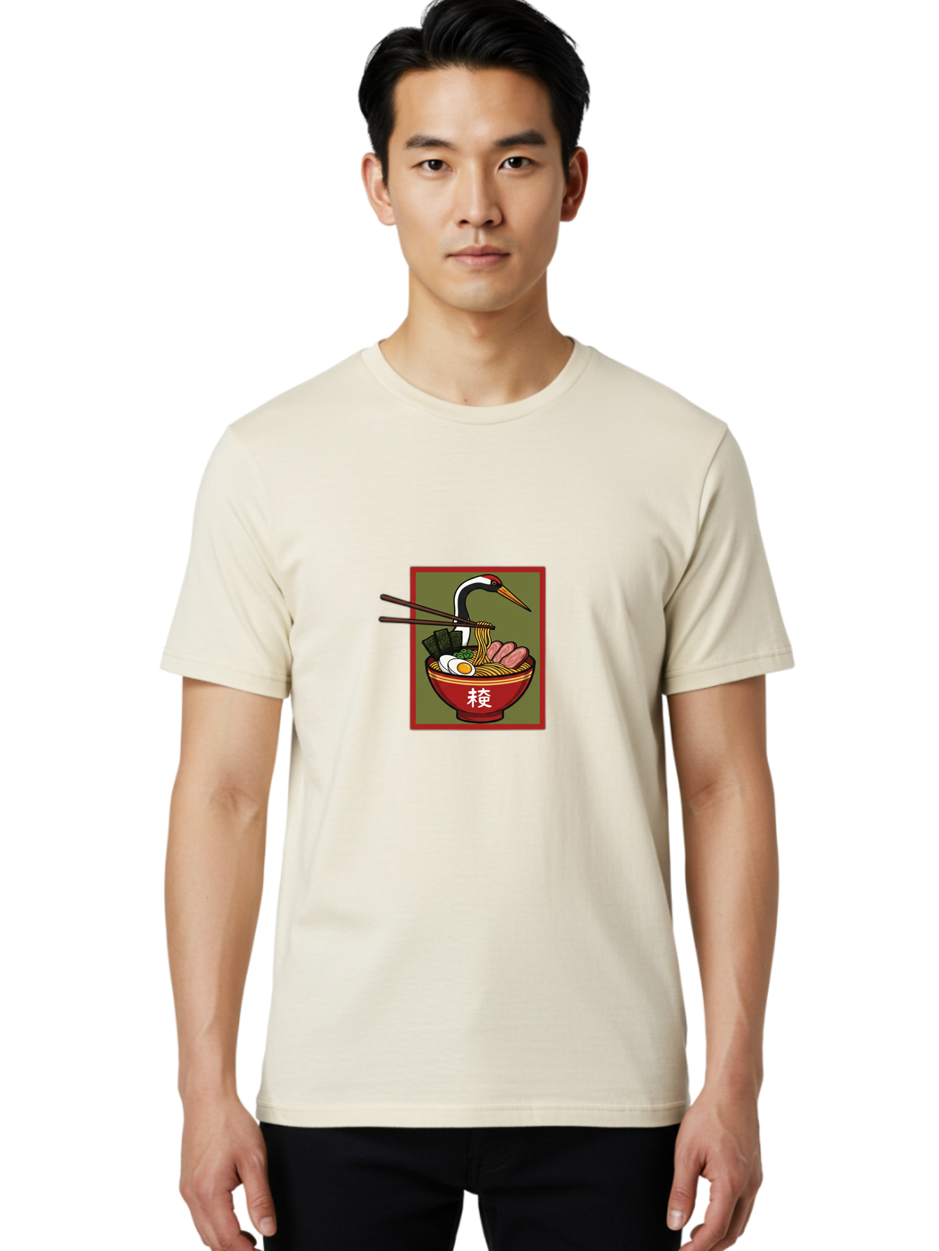 Ramen-With-Crane Men'S Graphic Tee, 100% Cotton, Comfortable Casual Summer Wear, Machine Washable, Ramen Bowl, Japanese Noodle Soup, Crane Bird, Chopsticks, Boiled Egg, Pork Slices, Seaweed, Kanji Characters, Oriental Cuisine, Savory Dish Bab319 28