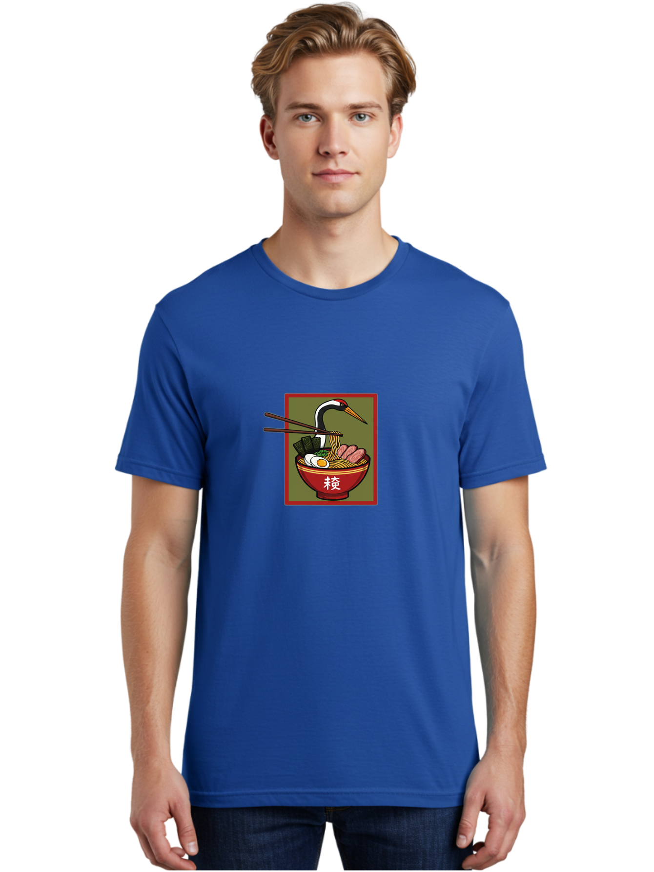 Ramen-With-Crane Men'S Graphic Tee, 100% Cotton, Comfortable Casual Summer Wear, Machine Washable, Ramen Bowl, Japanese Noodle Soup, Crane Bird, Chopsticks, Boiled Egg, Pork Slices, Seaweed, Kanji Characters, Oriental Cuisine, Savory Dish Bab319 22