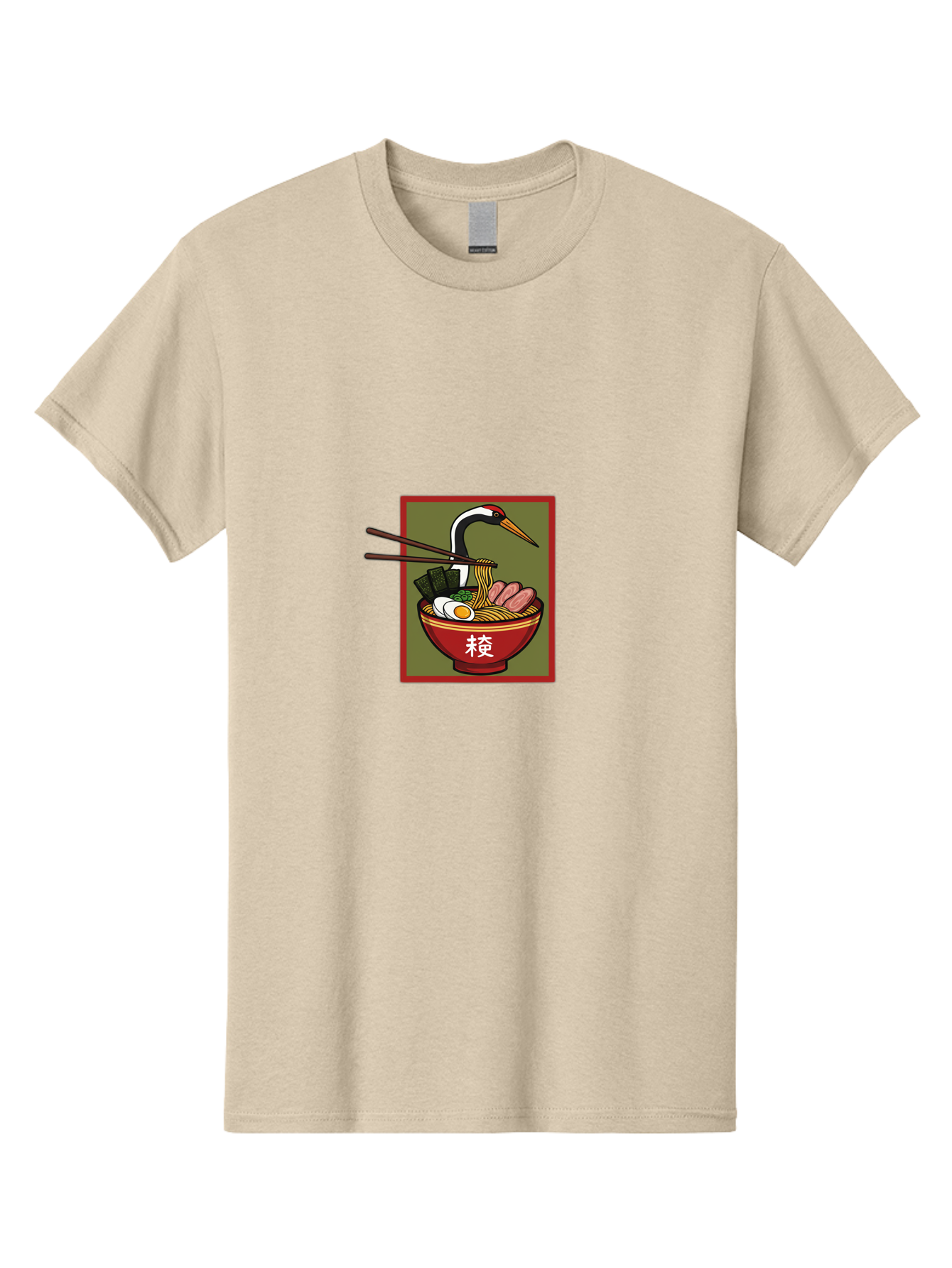 Ramen-With-Crane Men'S Graphic Tee, 100% Cotton, Comfortable Casual Summer Wear, Machine Washable, Ramen Bowl, Japanese Noodle Soup, Crane Bird, Chopsticks, Boiled Egg, Pork Slices, Seaweed, Kanji Characters, Oriental Cuisine, Savory Dish Bab319 9