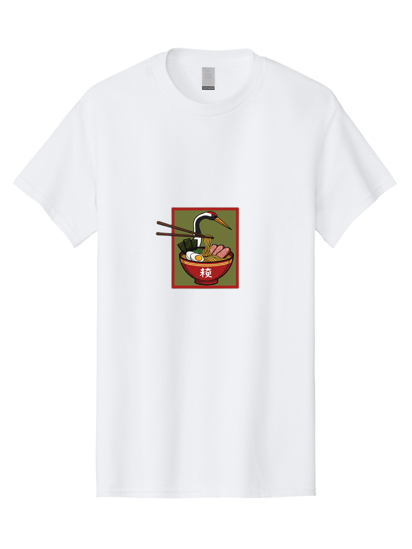 Ramen-With-Crane Men'S Graphic Tee, 100% Cotton, Comfortable Casual Summer Wear, Machine Washable, Ramen Bowl, Japanese Noodle Soup, Crane Bird, Chopsticks, Boiled Egg, Pork Slices, Seaweed, Kanji Characters, Oriental Cuisine, Savory Dish Bab319 29