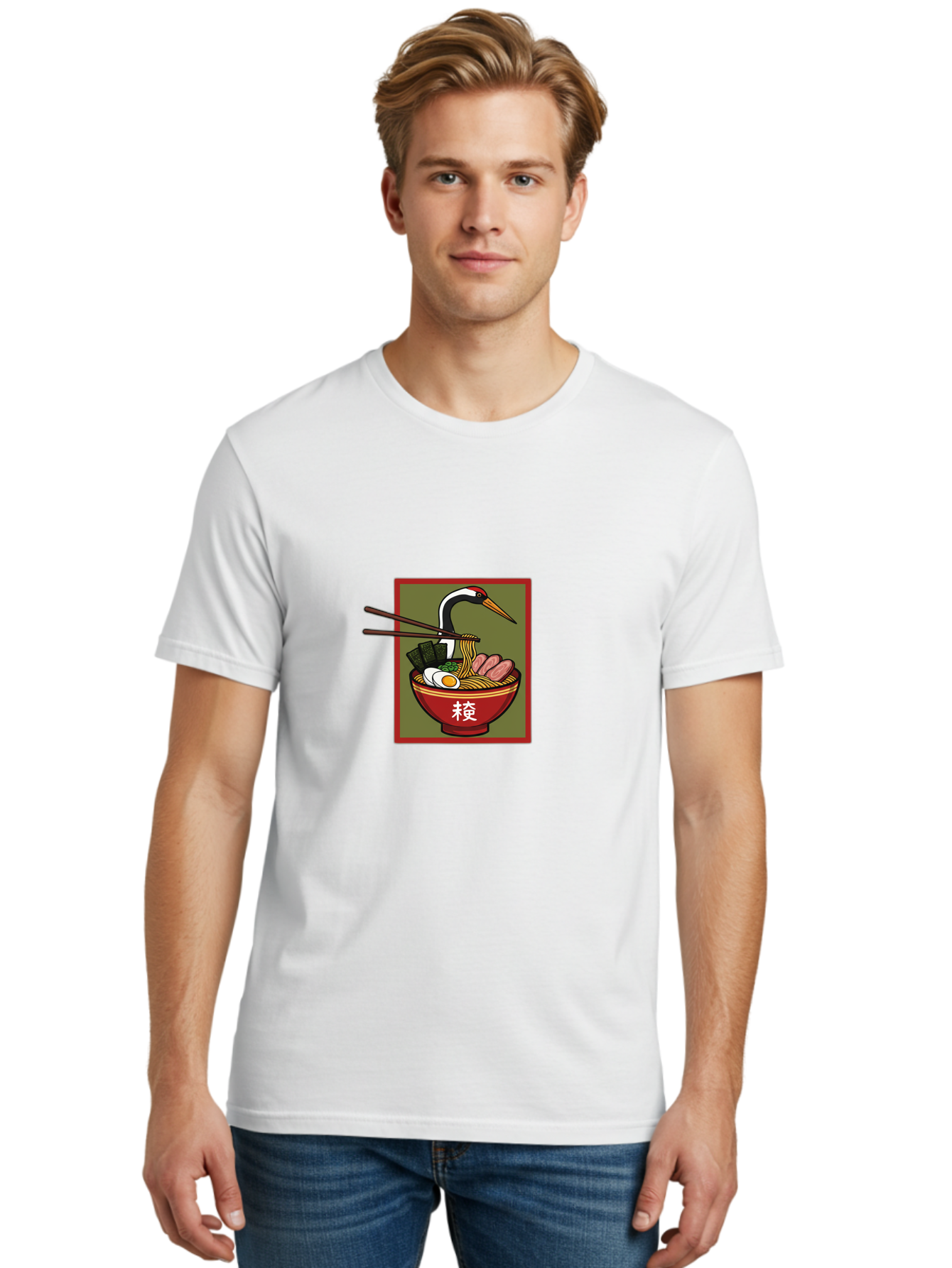 Ramen-With-Crane Men'S Graphic Tee, 100% Cotton, Comfortable Casual Summer Wear, Machine Washable, Ramen Bowl, Japanese Noodle Soup, Crane Bird, Chopsticks, Boiled Egg, Pork Slices, Seaweed, Kanji Characters, Oriental Cuisine, Savory Dish Bab319 30