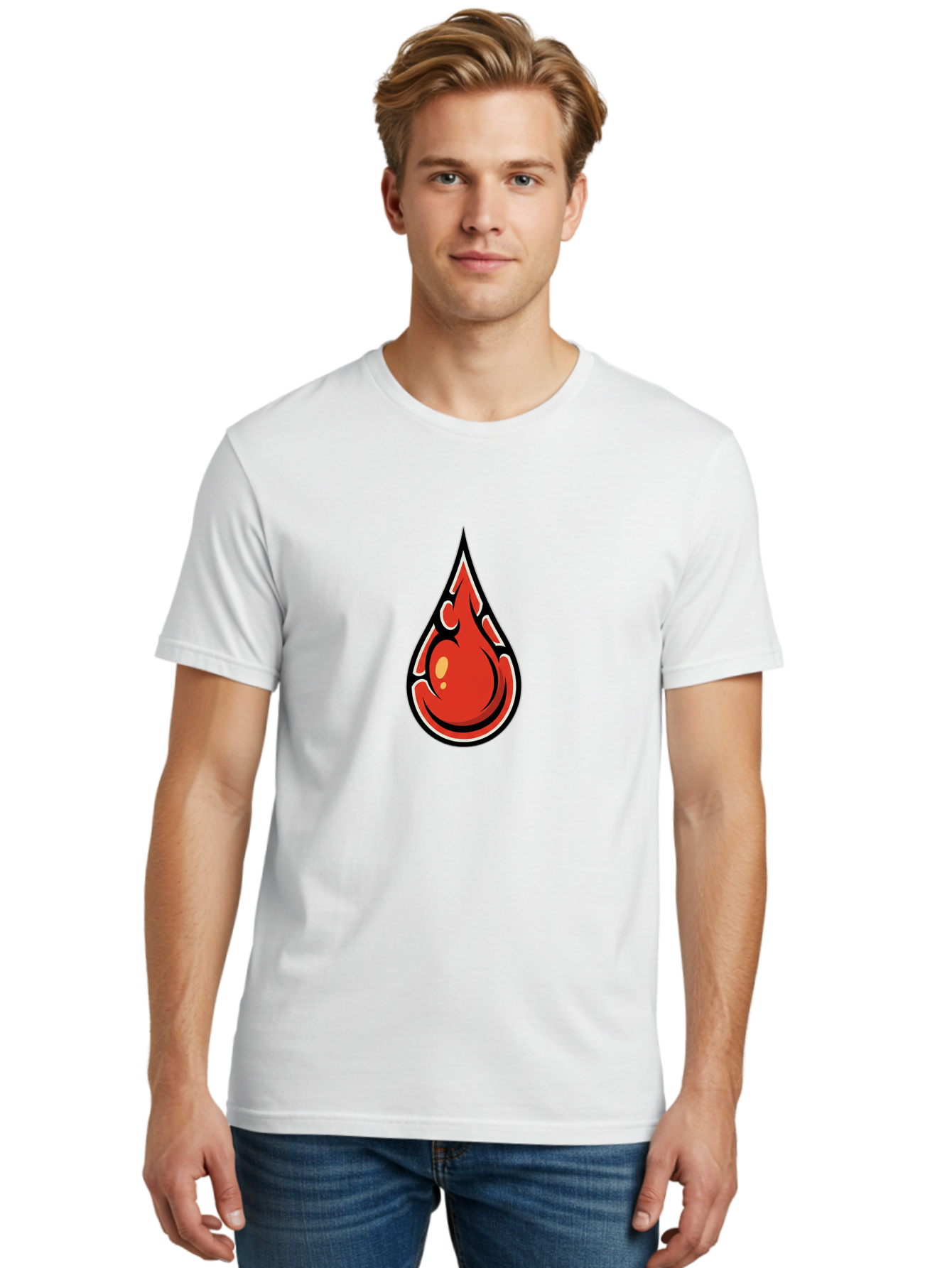 Red-Drop Men'S Graphic Tee, 100% Cotton, Comfortable Casual Summer Wear, Machine Washable, Flame Design, Teardrop Shape, Bold Graphics, Abstract Art, Vibrant Red, Dynamic Illustration, Stylized Flame, Modern Graphic Design, Fiery Element, Bab326 20