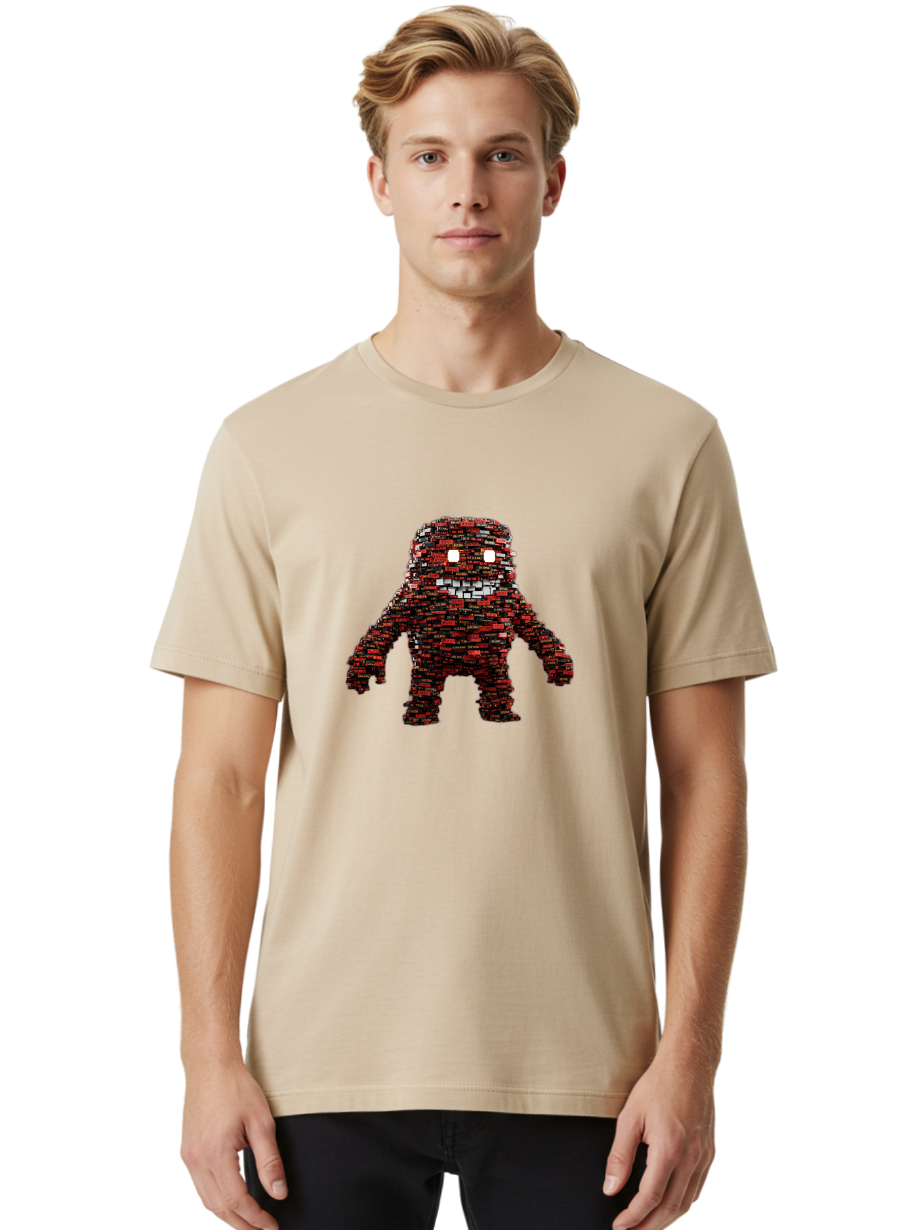 Red-Pixel-Monster Men'S Graphic Tee, 100% Cotton, Comfortable Casual Summer Wear, Machine Washable, Mosaic Art, Pixelated Creature, Red And Black Hues, Glowing Eyes, Abstract Character, Digital Artwork, Creative Design, Futuristic Being, Bab330 24