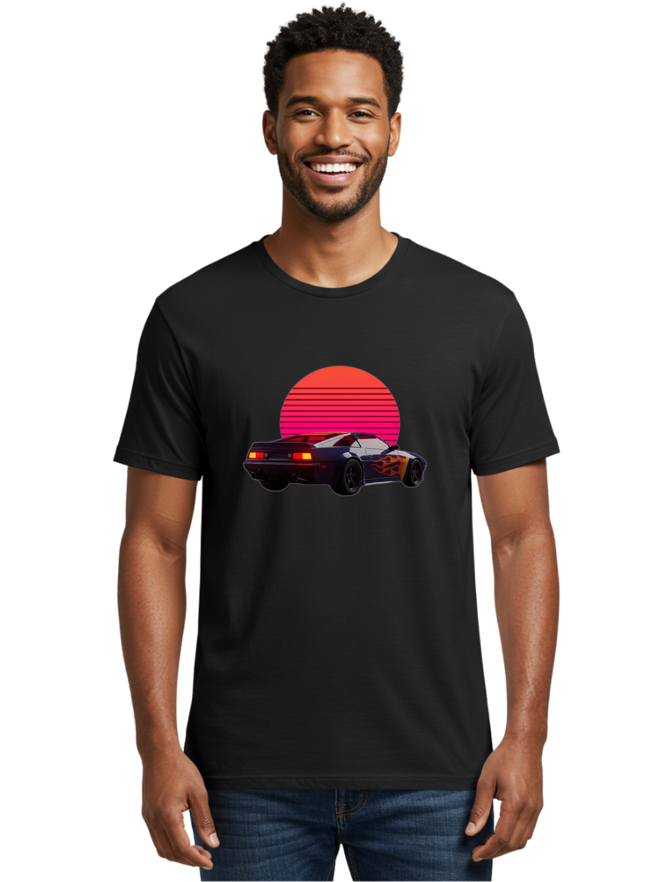 Retro-Sports-Car-1 Men'S Graphic Tee, 100% Cotton, Comfortable Casual Summer Wear, Machine Washable, Retro Sports Car, Flame Design, Vintage Vehicle, 80S Car Culture, Neon Lights, Synth Wave, Red Sun, Vintage Graphics, Retro Futuristic Bab334 2