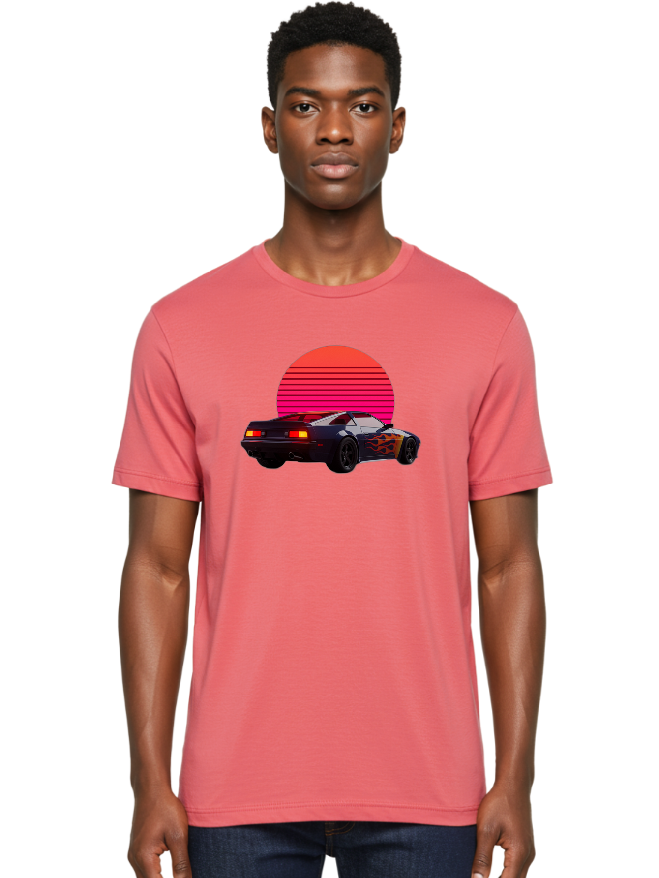 Retro-Sports-Car-1 Men'S Graphic Tee, 100% Cotton, Comfortable Casual Summer Wear, Machine Washable, Retro Sports Car, Flame Design, Vintage Vehicle, 80S Car Culture, Neon Lights, Synth Wave, Red Sun, Vintage Graphics, Retro Futuristic Bab334 10
