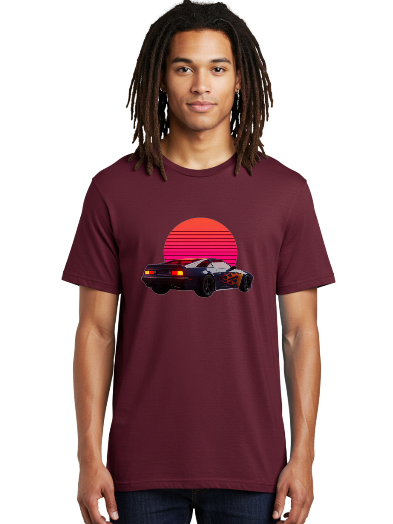 Retro-Sports-Car-1 Men'S Graphic Tee, 100% Cotton, Comfortable Casual Summer Wear, Machine Washable, Retro Sports Car, Flame Design, Vintage Vehicle, 80S Car Culture, Neon Lights, Synth Wave, Red Sun, Vintage Graphics, Retro Futuristic Bab334 18