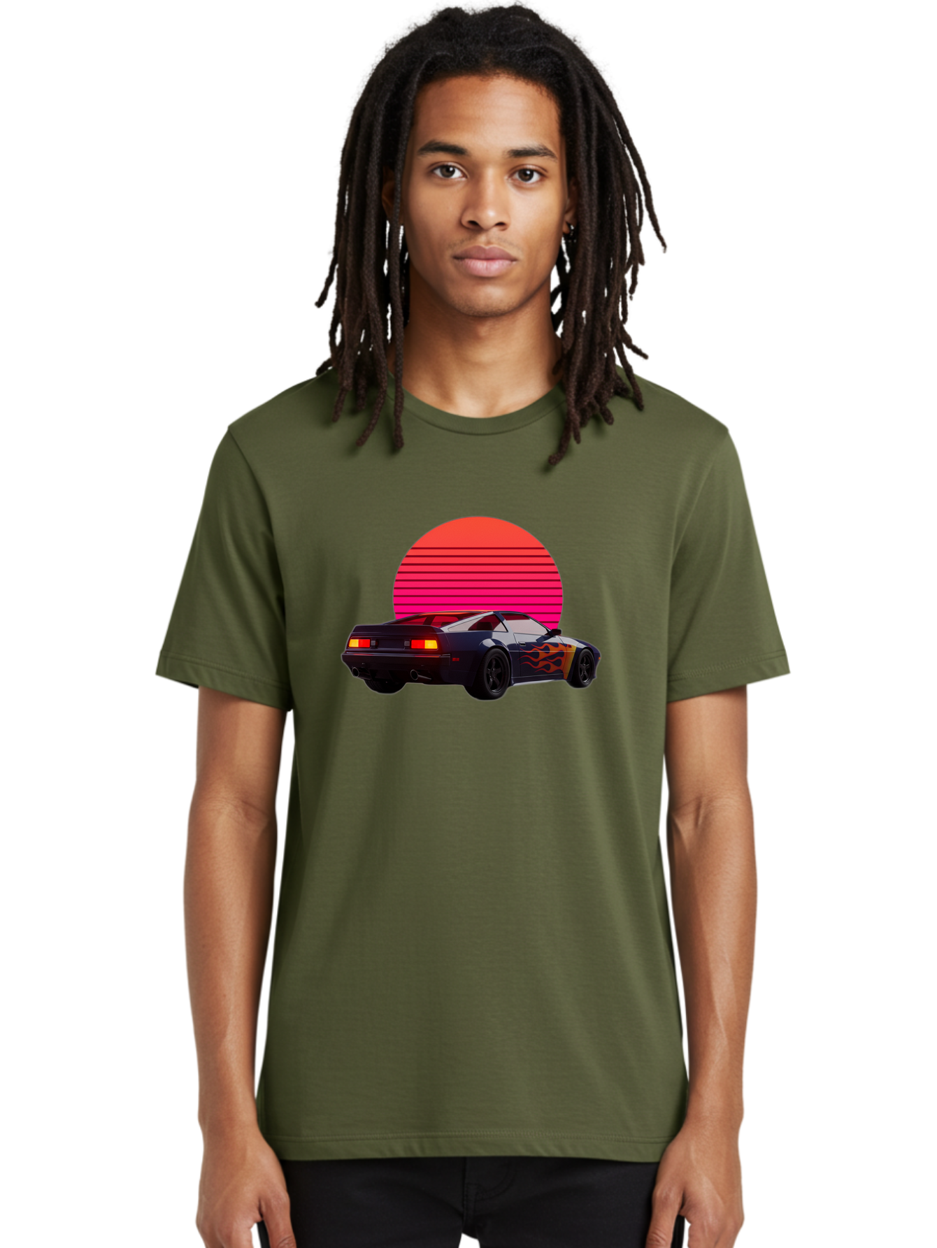 Retro-Sports-Car-1 Men'S Graphic Tee, 100% Cotton, Comfortable Casual Summer Wear, Machine Washable, Retro Sports Car, Flame Design, Vintage Vehicle, 80S Car Culture, Neon Lights, Synth Wave, Red Sun, Vintage Graphics, Retro Futuristic Bab334 12