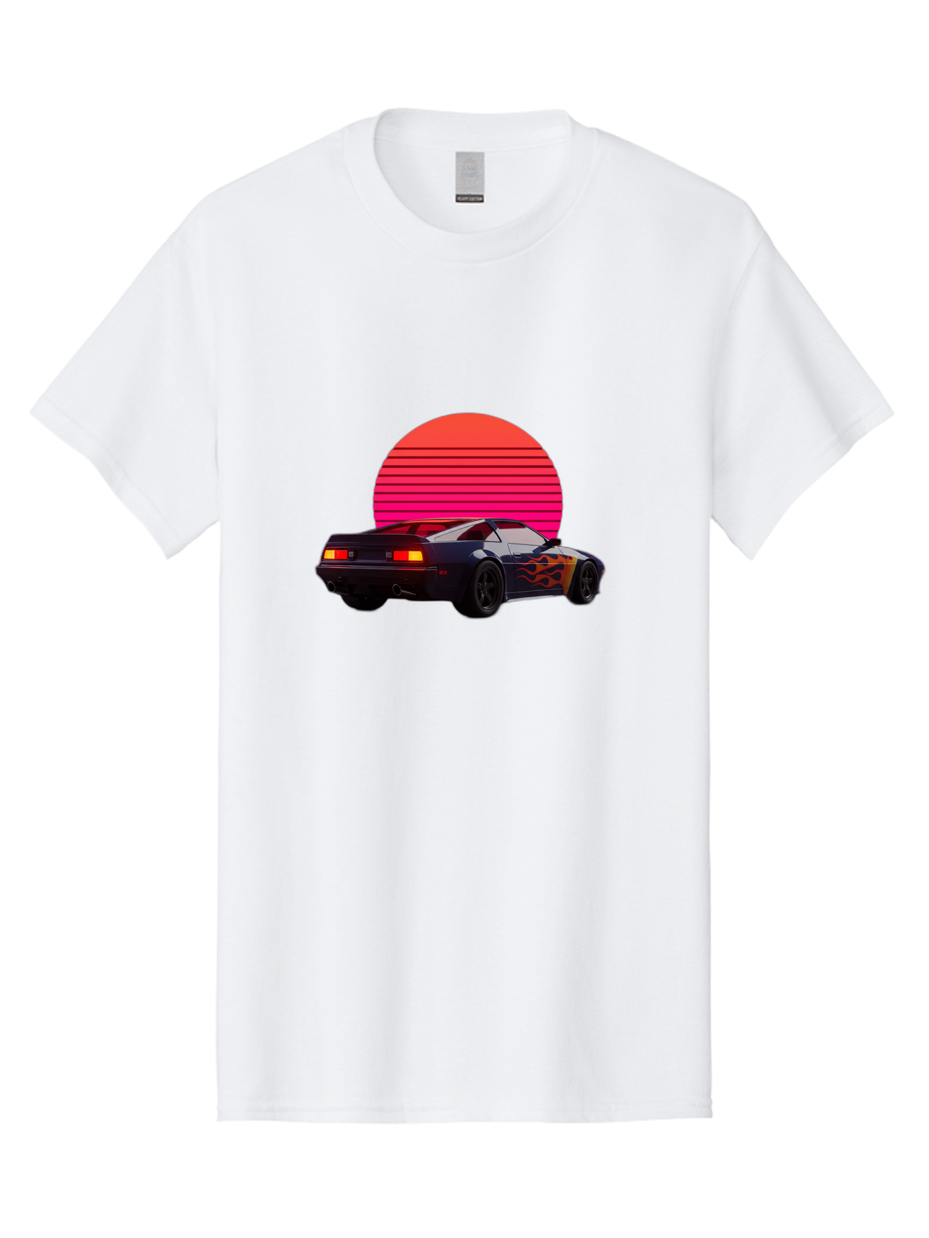 Retro-Sports-Car-1 Men'S Graphic Tee, 100% Cotton, Comfortable Casual Summer Wear, Machine Washable, Retro Sports Car, Flame Design, Vintage Vehicle, 80S Car Culture, Neon Lights, Synth Wave, Red Sun, Vintage Graphics, Retro Futuristic Bab334 3