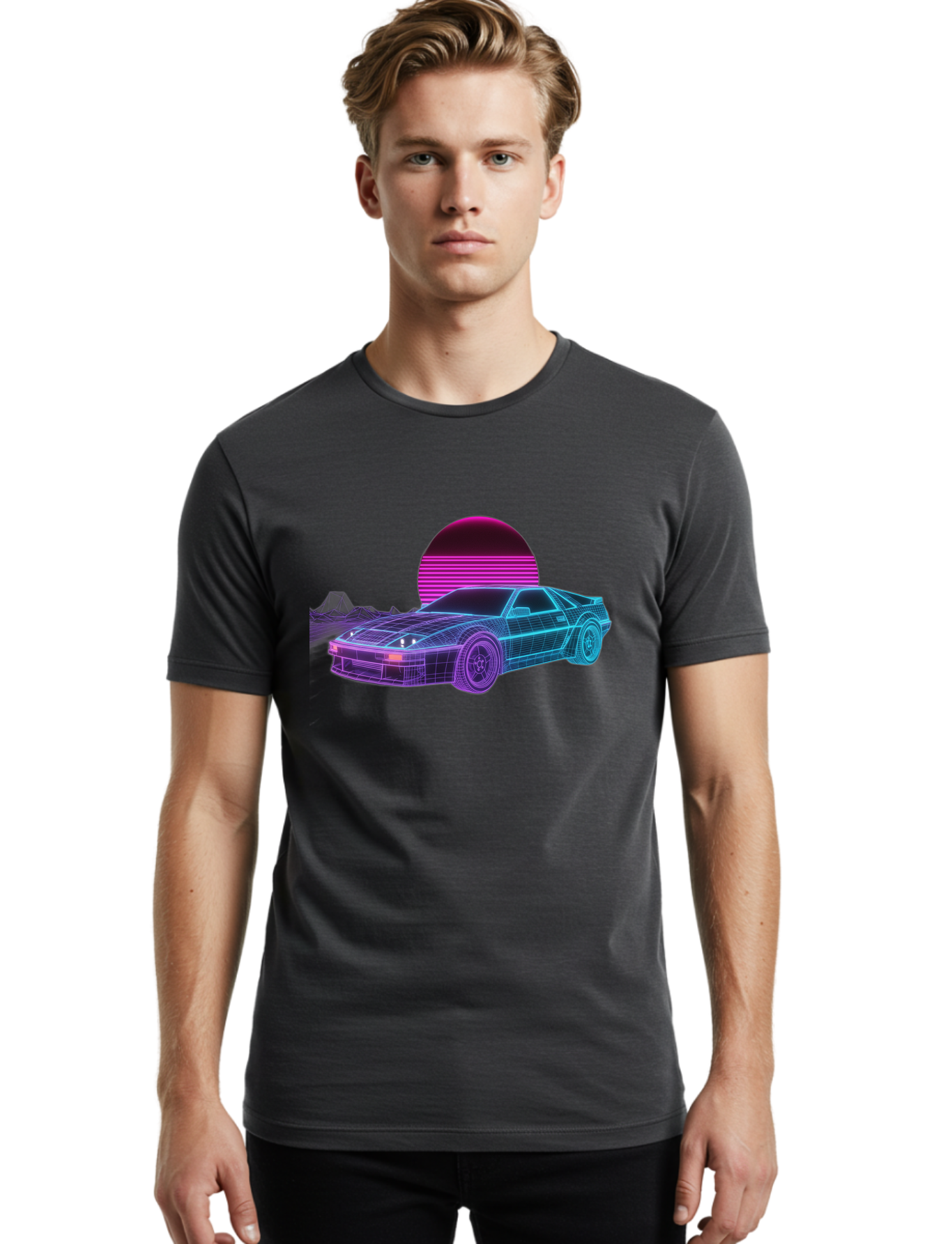 Retro-Sports-Car Men'S Graphic Tee, 100% Cotton, Comfortable Casual Summer Wear, Machine Washable, Retro Futuristic Car, Neon Lights, Synthwave Style, Vaporwave Aesthetic, 80S Sports Car, Datsun 280Z, Grid Pattern, Futuristic Landscape, Bab335 10