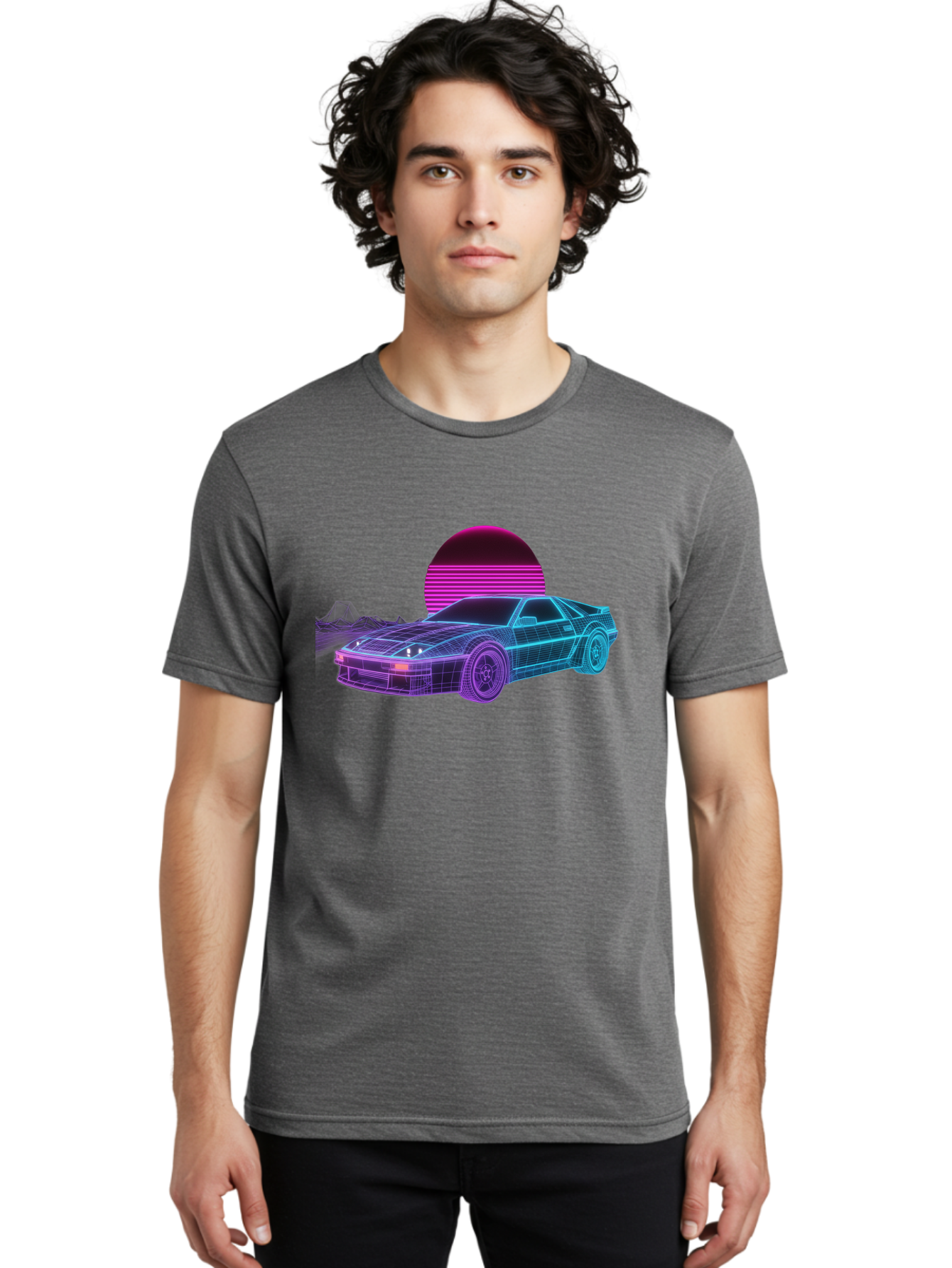 Retro-Sports-Car Men'S Graphic Tee, 100% Cotton, Comfortable Casual Summer Wear, Machine Washable, Retro Futuristic Car, Neon Lights, Synthwave Style, Vaporwave Aesthetic, 80S Sports Car, Datsun 280Z, Grid Pattern, Futuristic Landscape, Bab335 16