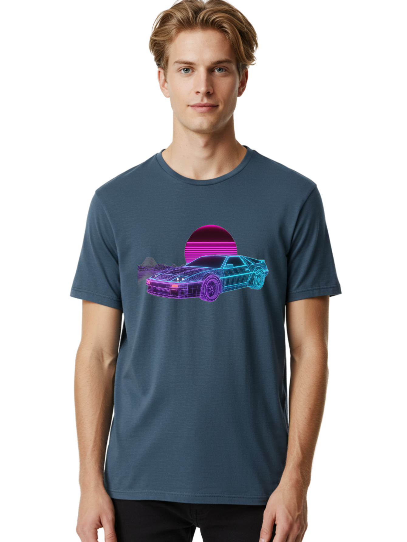 Retro-Sports-Car Men'S Graphic Tee, 100% Cotton, Comfortable Casual Summer Wear, Machine Washable, Retro Futuristic Car, Neon Lights, Synthwave Style, Vaporwave Aesthetic, 80S Sports Car, Datsun 280Z, Grid Pattern, Futuristic Landscape, Bab335 28