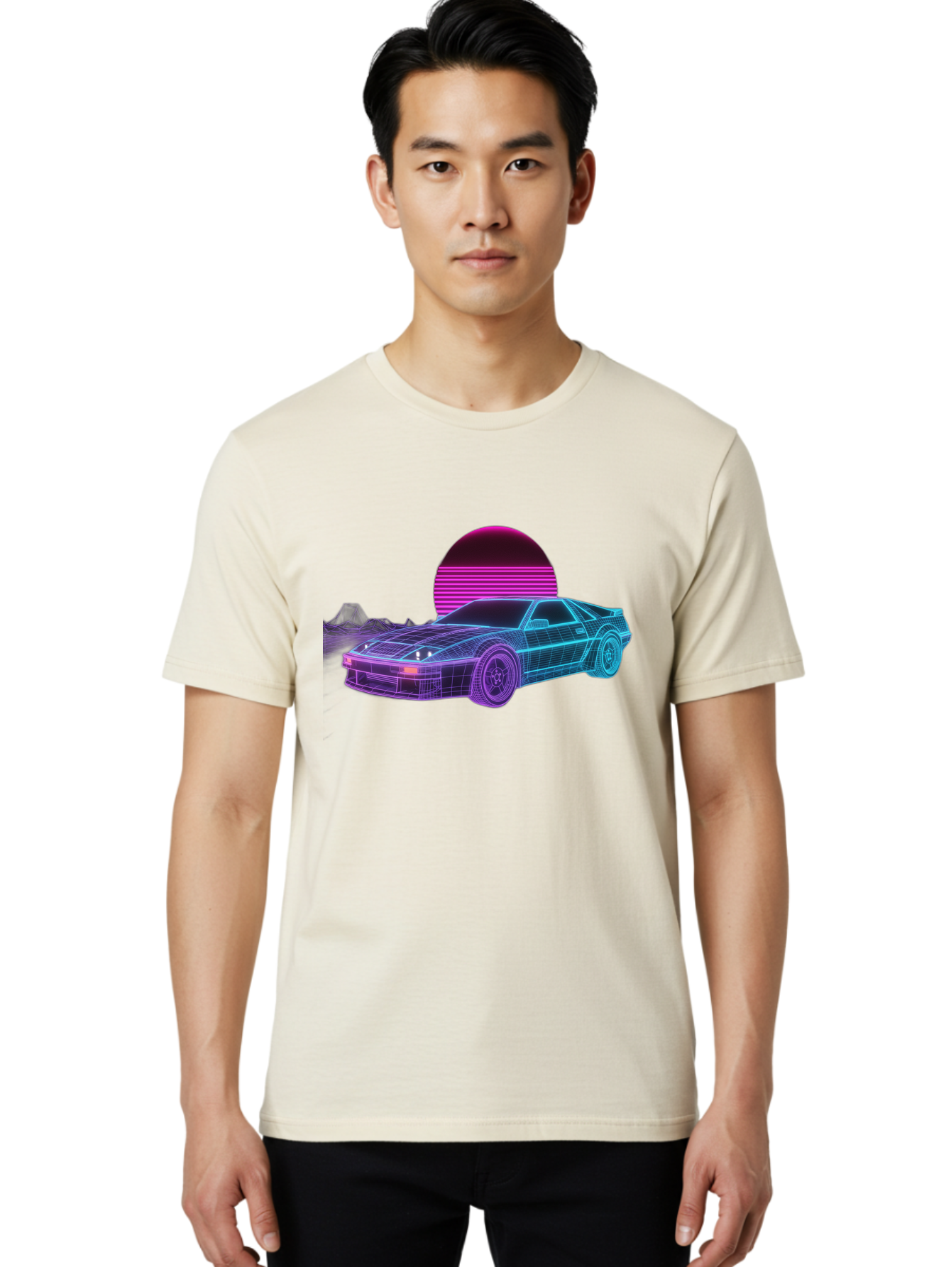 Retro-Sports-Car Men'S Graphic Tee, 100% Cotton, Comfortable Casual Summer Wear, Machine Washable, Retro Futuristic Car, Neon Lights, Synthwave Style, Vaporwave Aesthetic, 80S Sports Car, Datsun 280Z, Grid Pattern, Futuristic Landscape, Bab335 8