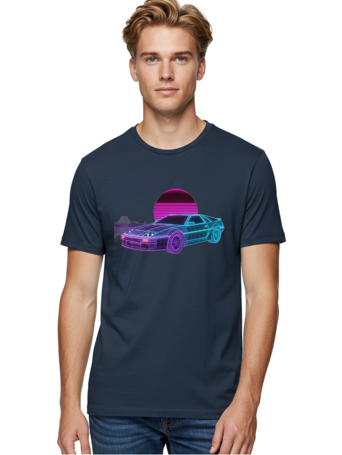 Retro-Sports-Car Men'S Graphic Tee, 100% Cotton, Comfortable Casual Summer Wear, Machine Washable, Retro Futuristic Car, Neon Lights, Synthwave Style, Vaporwave Aesthetic, 80S Sports Car, Datsun 280Z, Grid Pattern, Futuristic Landscape, Bab335 4