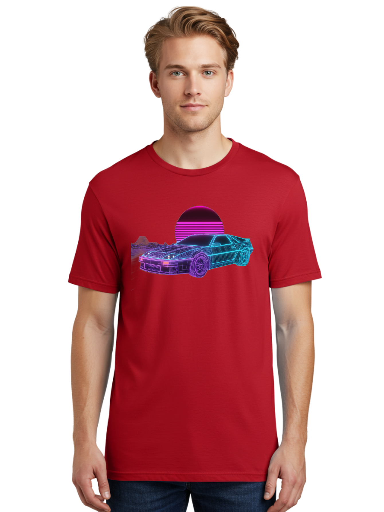 Retro-Sports-Car Men'S Graphic Tee, 100% Cotton, Comfortable Casual Summer Wear, Machine Washable, Retro Futuristic Car, Neon Lights, Synthwave Style, Vaporwave Aesthetic, 80S Sports Car, Datsun 280Z, Grid Pattern, Futuristic Landscape, Bab335 26