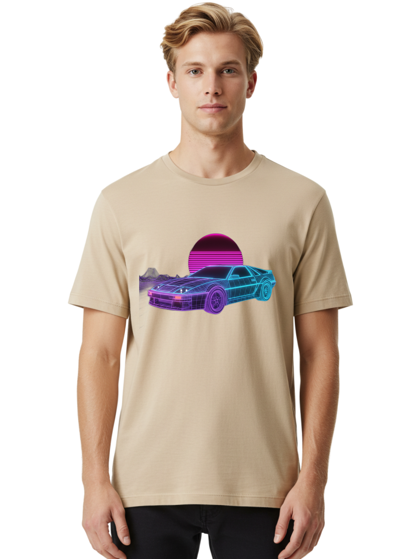 Retro-Sports-Car Men'S Graphic Tee, 100% Cotton, Comfortable Casual Summer Wear, Machine Washable, Retro Futuristic Car, Neon Lights, Synthwave Style, Vaporwave Aesthetic, 80S Sports Car, Datsun 280Z, Grid Pattern, Futuristic Landscape, Bab335 14