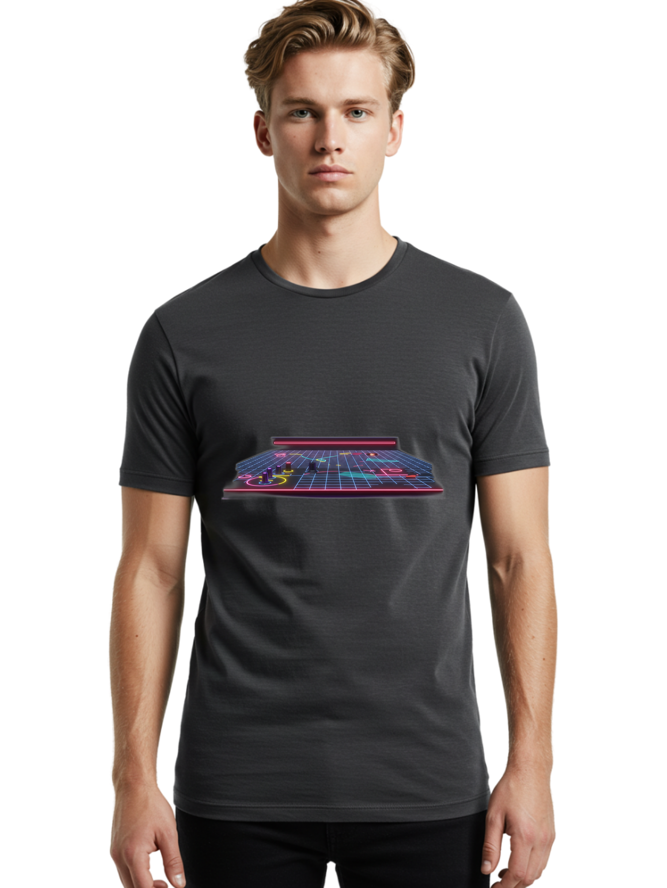 Retro-Synth-Stage Men'S Graphic Tee, 100% Cotton, Comfortable Casual Summer Wear, Machine Washable, Futuristic Stage, Synthwave Aesthetic, Neon Lights, Grid Pattern, Retro Futuristic Design, 80S Vibe, Gaming Stage, Concert Platform, Bab337 10