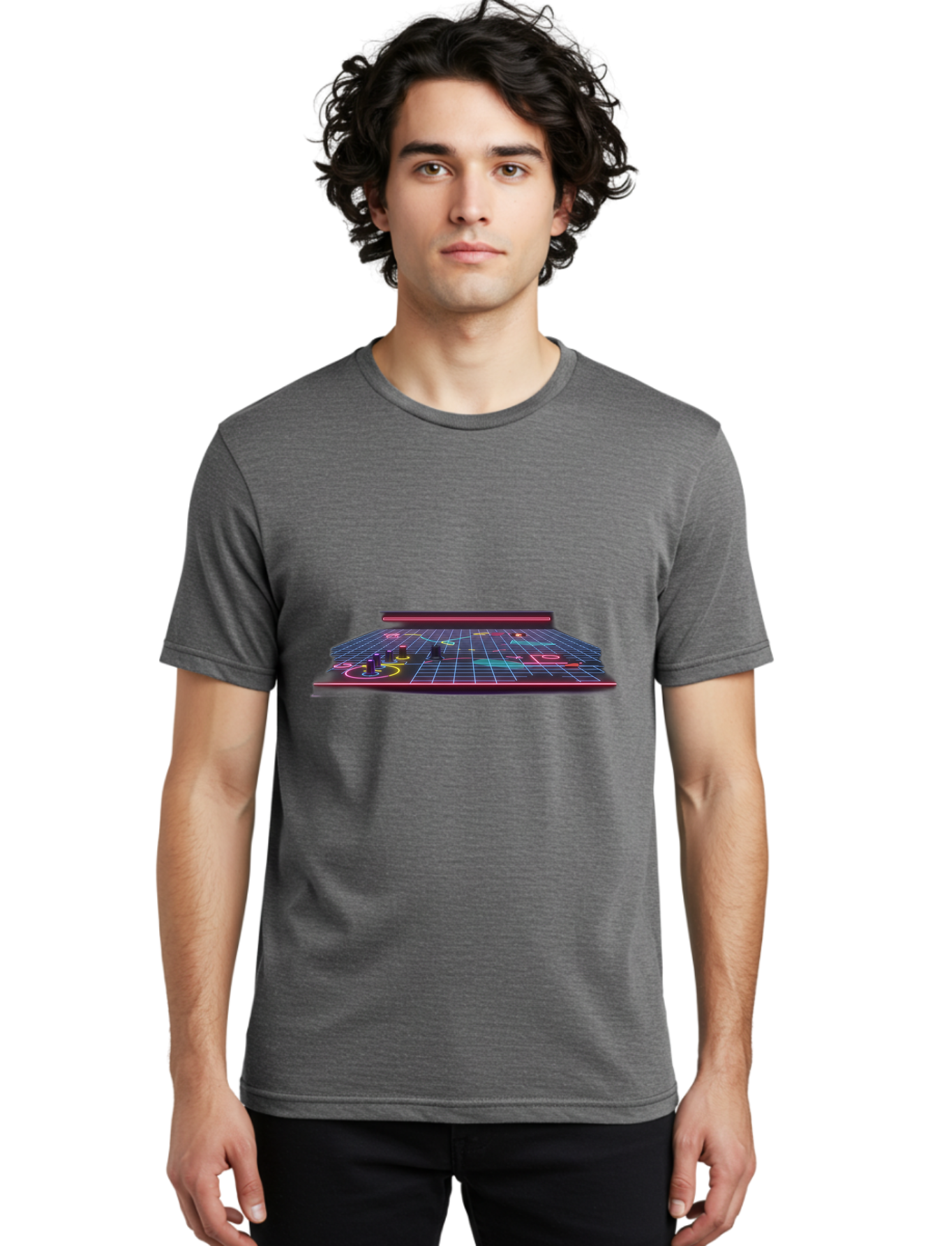 Retro-Synth-Stage Men'S Graphic Tee, 100% Cotton, Comfortable Casual Summer Wear, Machine Washable, Futuristic Stage, Synthwave Aesthetic, Neon Lights, Grid Pattern, Retro Futuristic Design, 80S Vibe, Gaming Stage, Concert Platform, Bab337 20