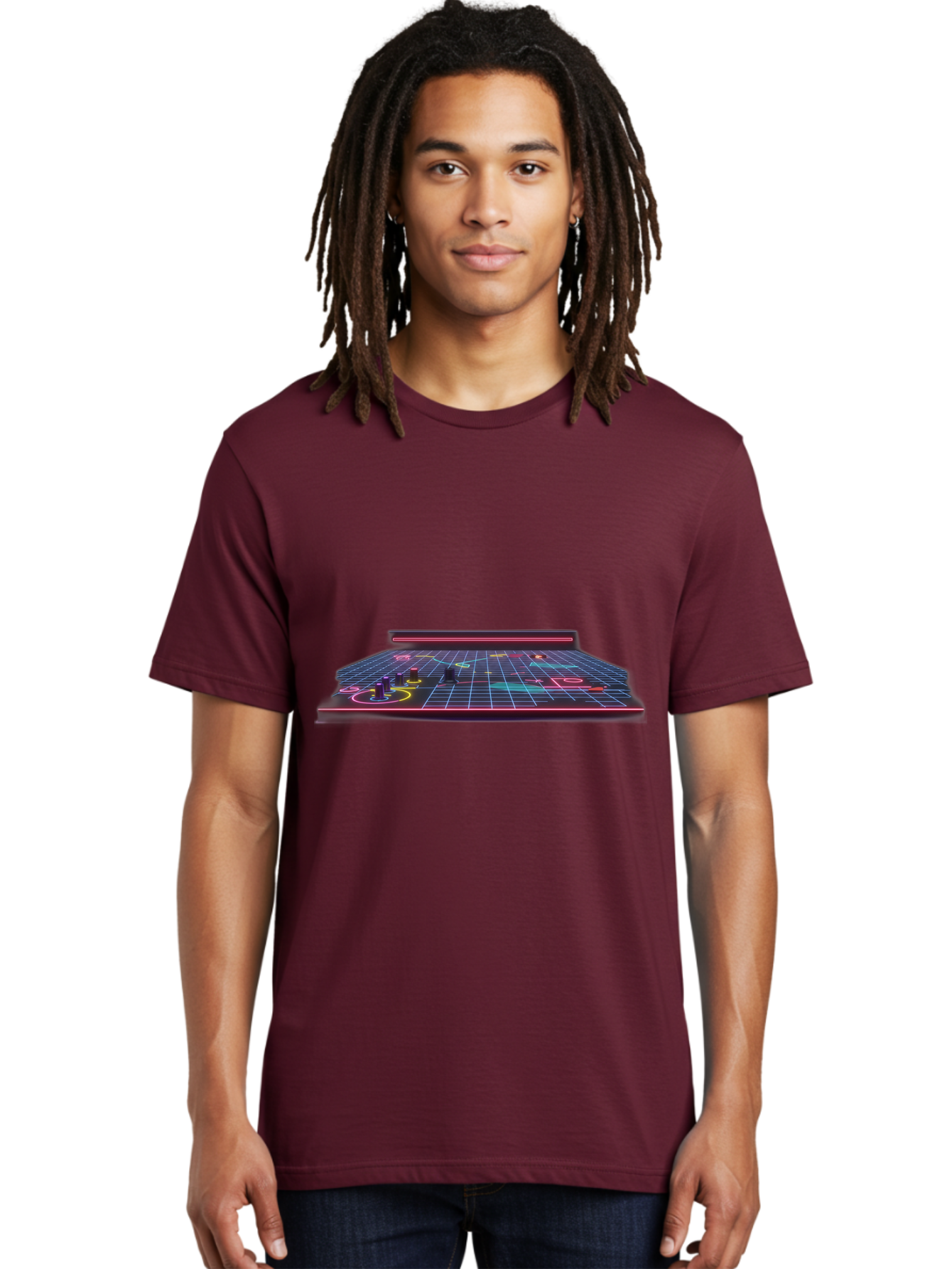 Retro-Synth-Stage Men'S Graphic Tee, 100% Cotton, Comfortable Casual Summer Wear, Machine Washable, Futuristic Stage, Synthwave Aesthetic, Neon Lights, Grid Pattern, Retro Futuristic Design, 80S Vibe, Gaming Stage, Concert Platform, Bab337 8