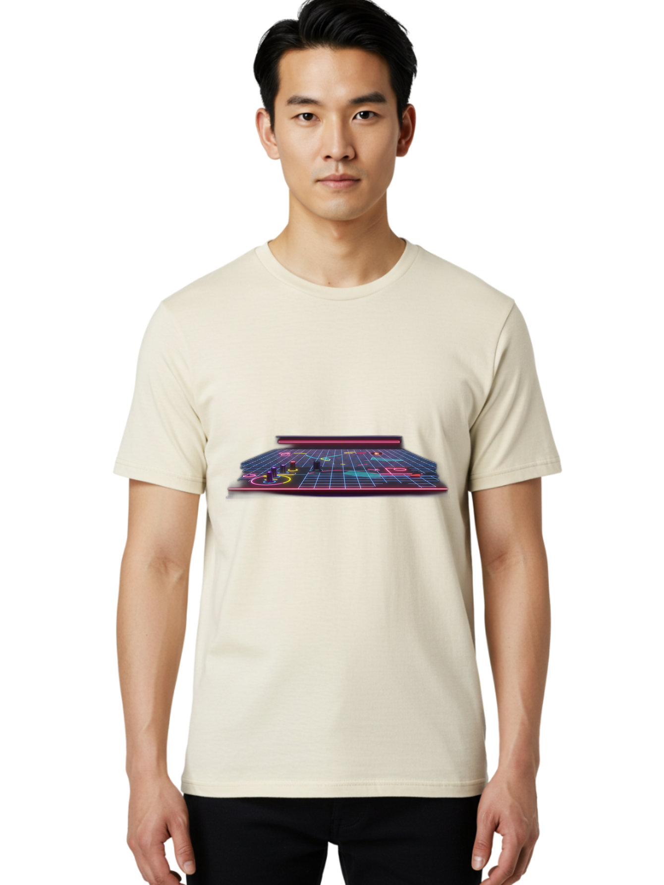Retro-Synth-Stage Men'S Graphic Tee, 100% Cotton, Comfortable Casual Summer Wear, Machine Washable, Futuristic Stage, Synthwave Aesthetic, Neon Lights, Grid Pattern, Retro Futuristic Design, 80S Vibe, Gaming Stage, Concert Platform, Bab337 14