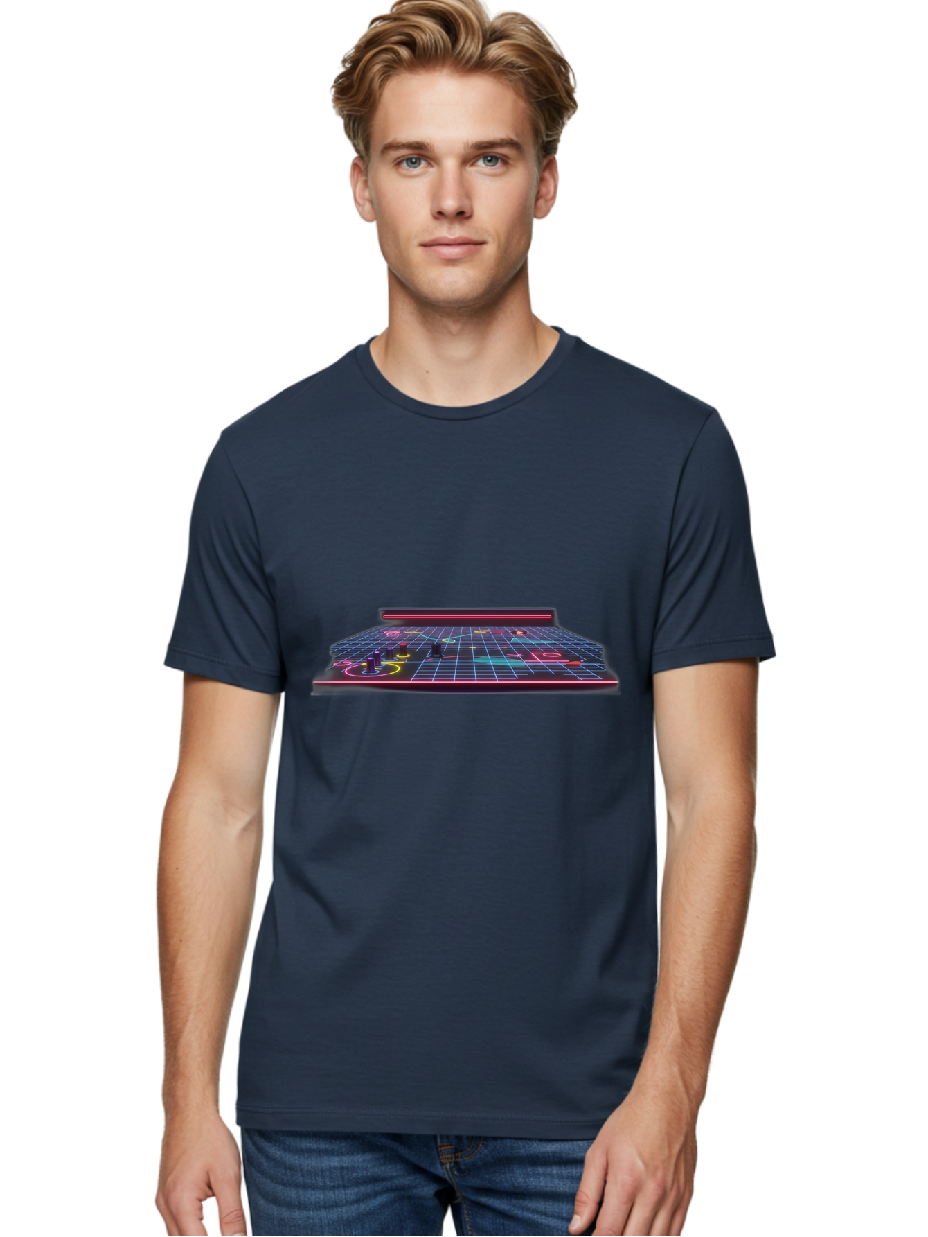 Retro-Synth-Stage Men'S Graphic Tee, 100% Cotton, Comfortable Casual Summer Wear, Machine Washable, Futuristic Stage, Synthwave Aesthetic, Neon Lights, Grid Pattern, Retro Futuristic Design, 80S Vibe, Gaming Stage, Concert Platform, Bab337 6
