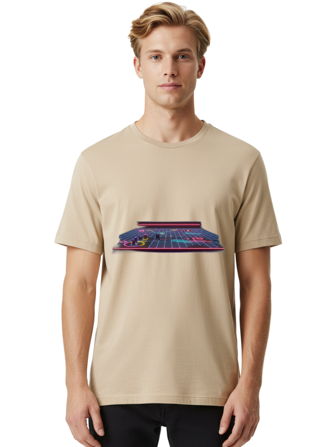 Retro-Synth-Stage Men'S Graphic Tee, 100% Cotton, Comfortable Casual Summer Wear, Machine Washable, Futuristic Stage, Synthwave Aesthetic, Neon Lights, Grid Pattern, Retro Futuristic Design, 80S Vibe, Gaming Stage, Concert Platform, Bab337 18