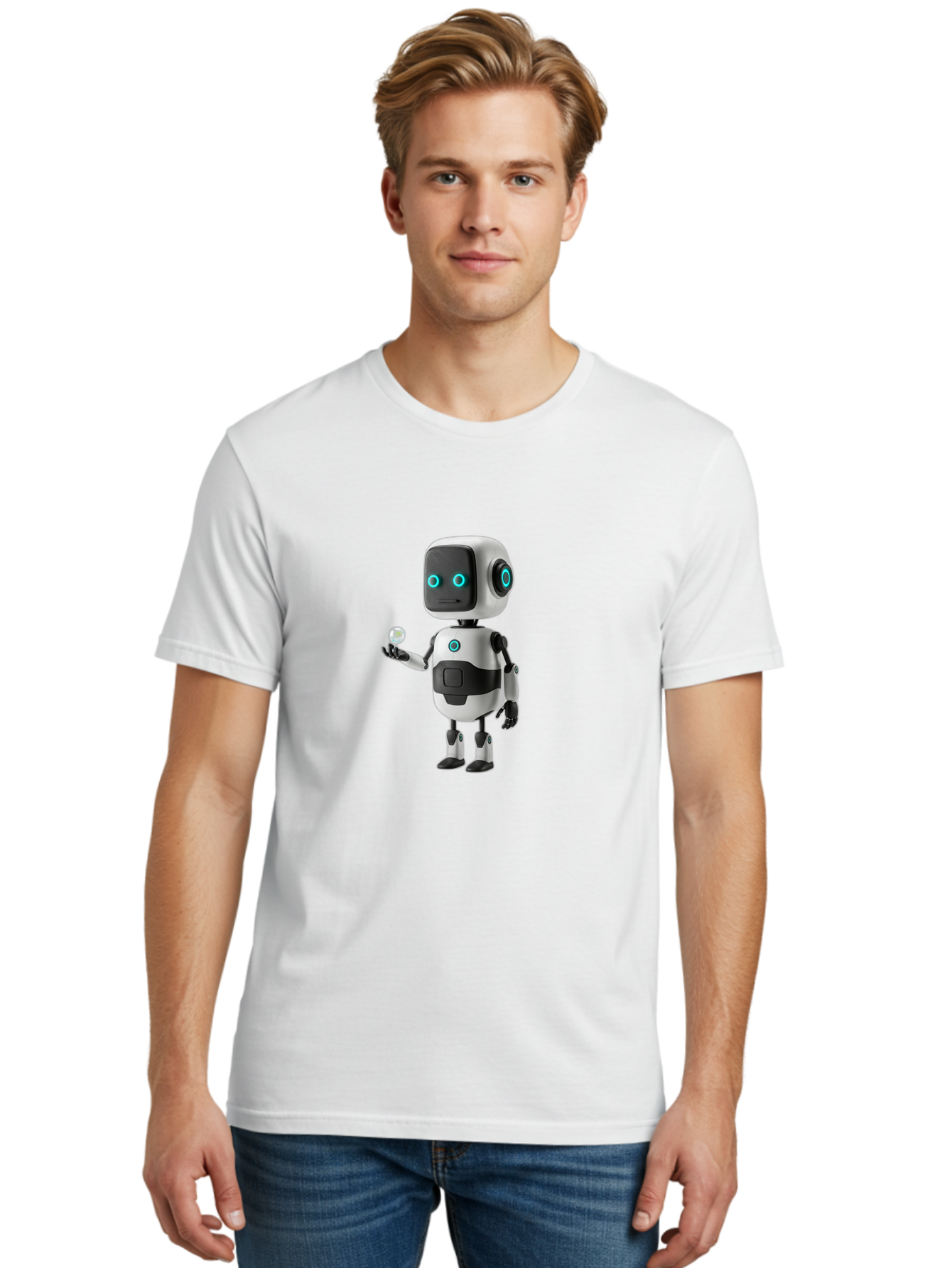 Robot-Character Men'S Graphic Tee, 100% Cotton, Comfortable Casual Summer Wear, Machine Washable, Cartoon Robot, Artificial Intelligence, Futuristic Technology, Robotic Design, Blue Glowing Eyes, Mechanical Body, 3D Rendering, Bab348 28