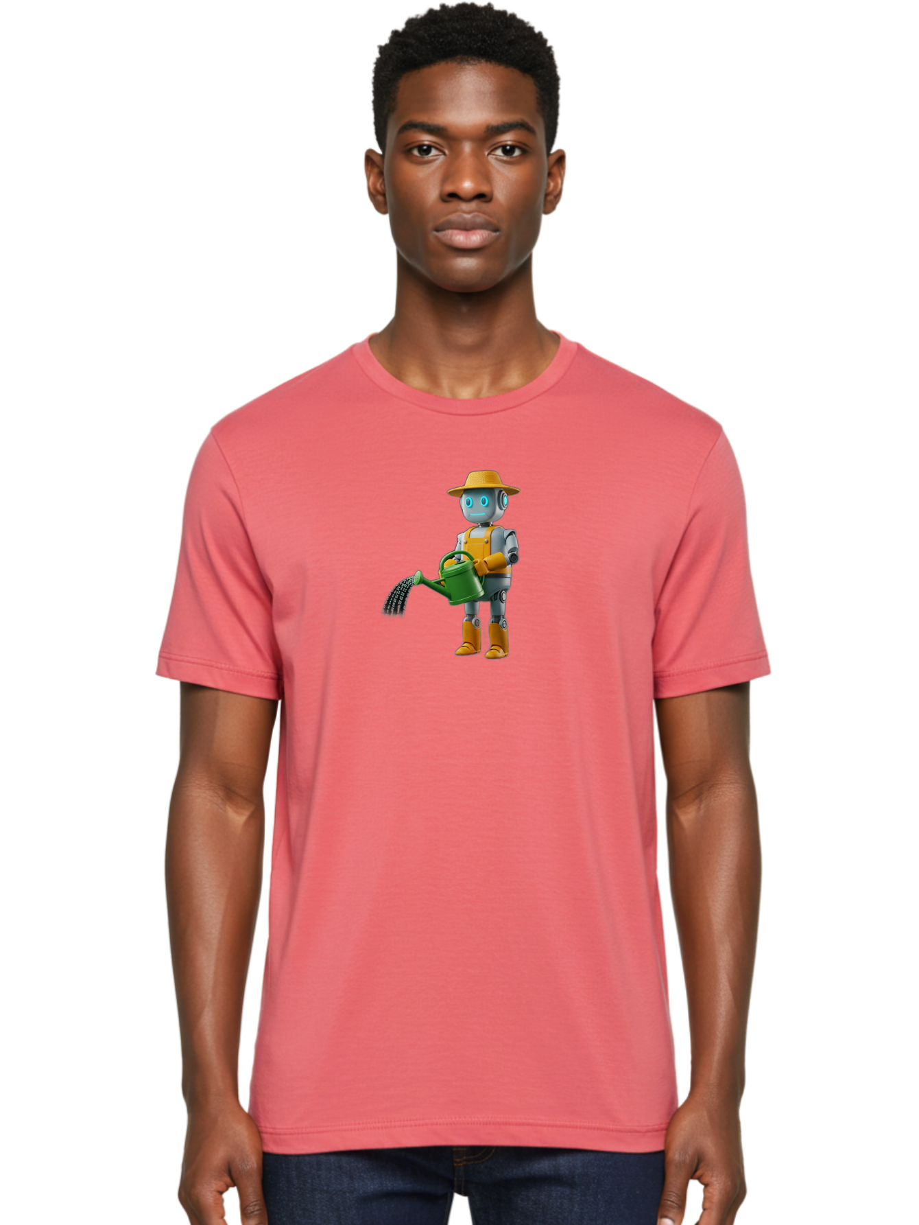 Robot-Gardener Men'S Graphic Tee, 100% Cotton, Comfortable Casual Summer Wear, Machine Washable, Robot Character, Gardening Robot, Watering Can, Yellow Hat, Orange Boots, Futuristic Gardening, Robotic Gardening Tools, Cartoon Robot, Bab350 4