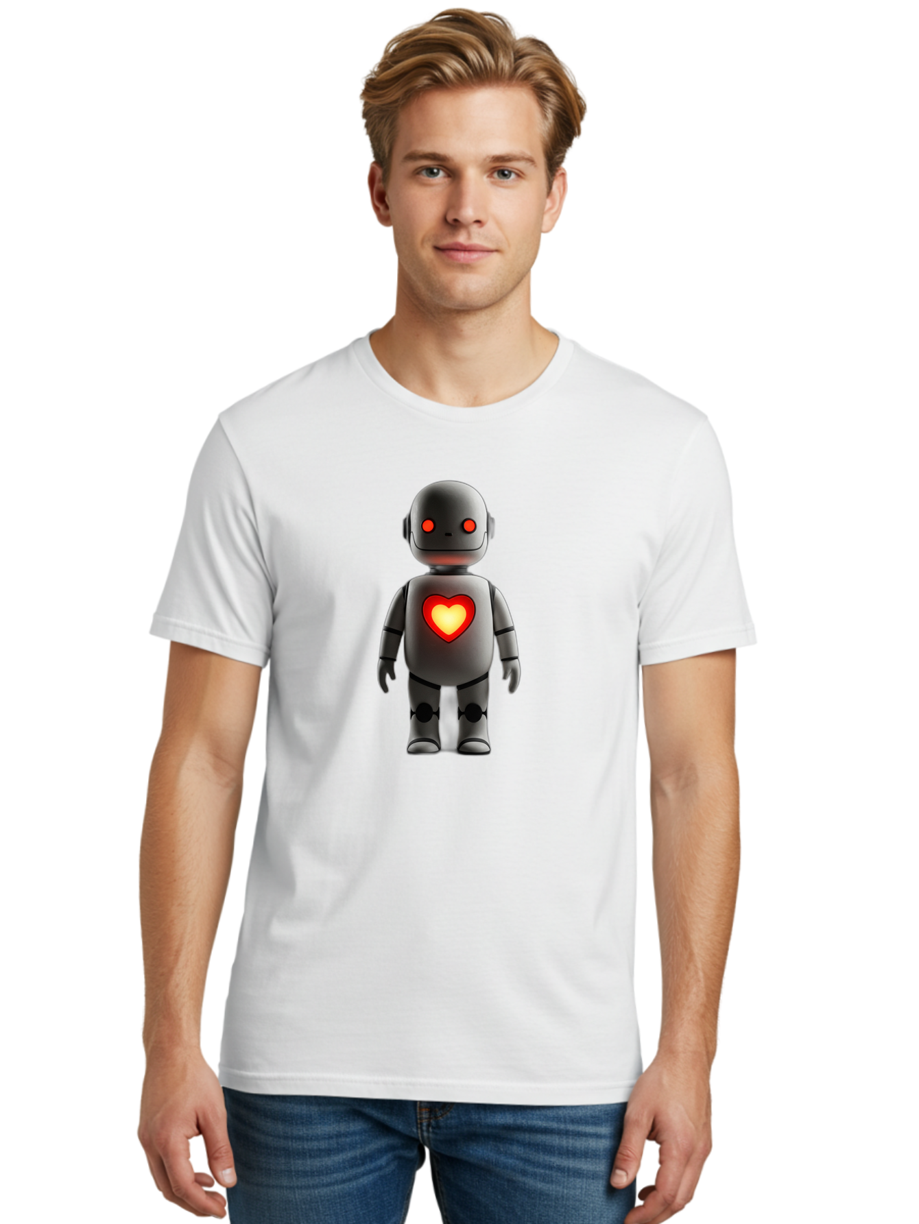 Robot-Heart Men'S Graphic Tee, 100% Cotton, Comfortable Casual Summer Wear, Machine Washable, Robot With Heart, Digital Art, Futuristic Design, Red Heart Symbol, Cyborg Illustration, Artificial Intelligence, Robot Love, Tech Design Bab353 12