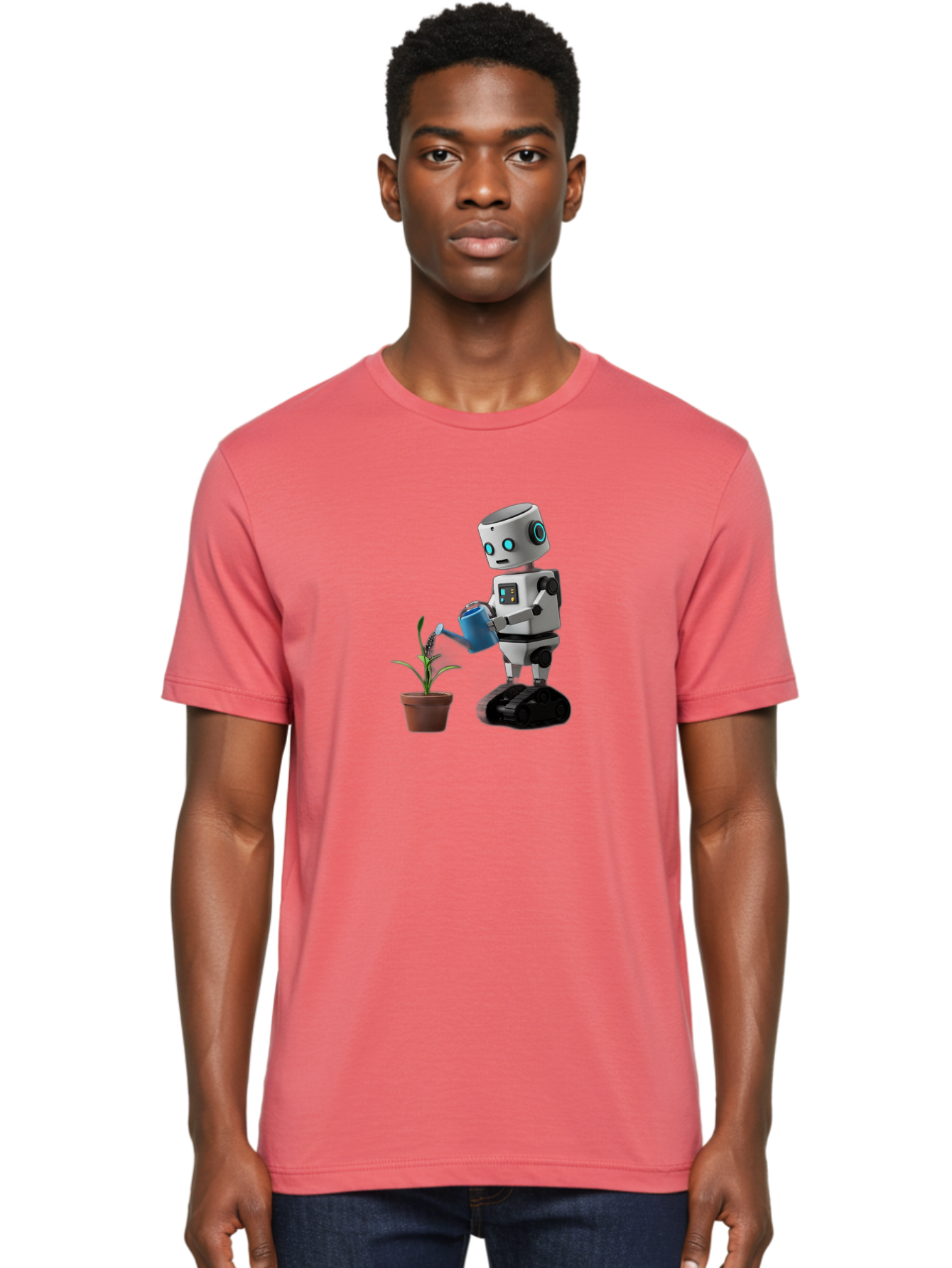Robot-Watering-Plant Men'S Graphic Tee, 100% Cotton, Comfortable Casual Summer Wear, Machine Washable, Robot Watering Plant, Futuristic Gardening, Artificial Intelligence, Robotic Care, Potted Plant, Blue Watering Can, Robotic Technology, Bab357 24