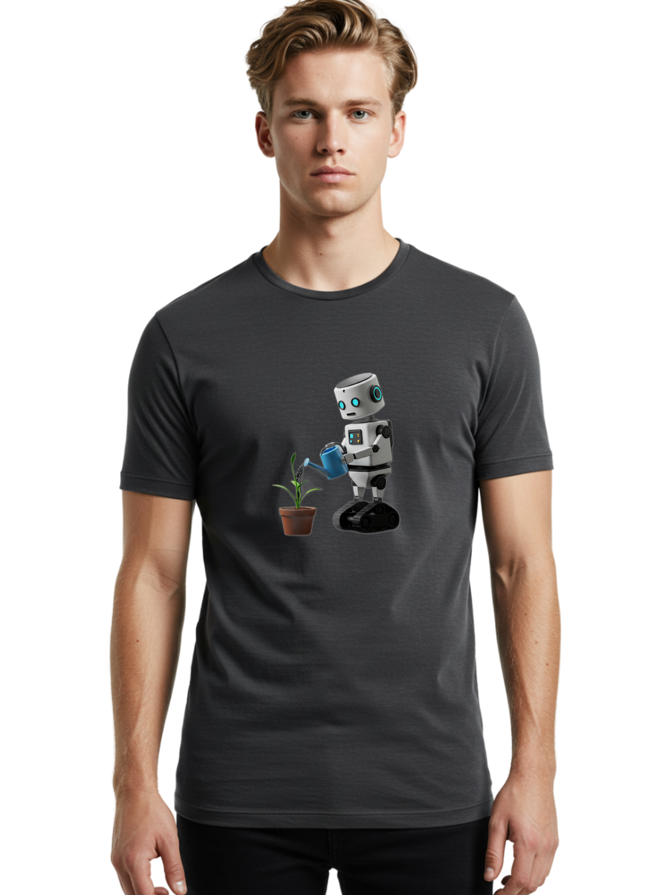 Robot-Watering-Plant Men'S Graphic Tee, 100% Cotton, Comfortable Casual Summer Wear, Machine Washable, Robot Watering Plant, Futuristic Gardening, Artificial Intelligence, Robotic Care, Potted Plant, Blue Watering Can, Robotic Technology, Bab357 4