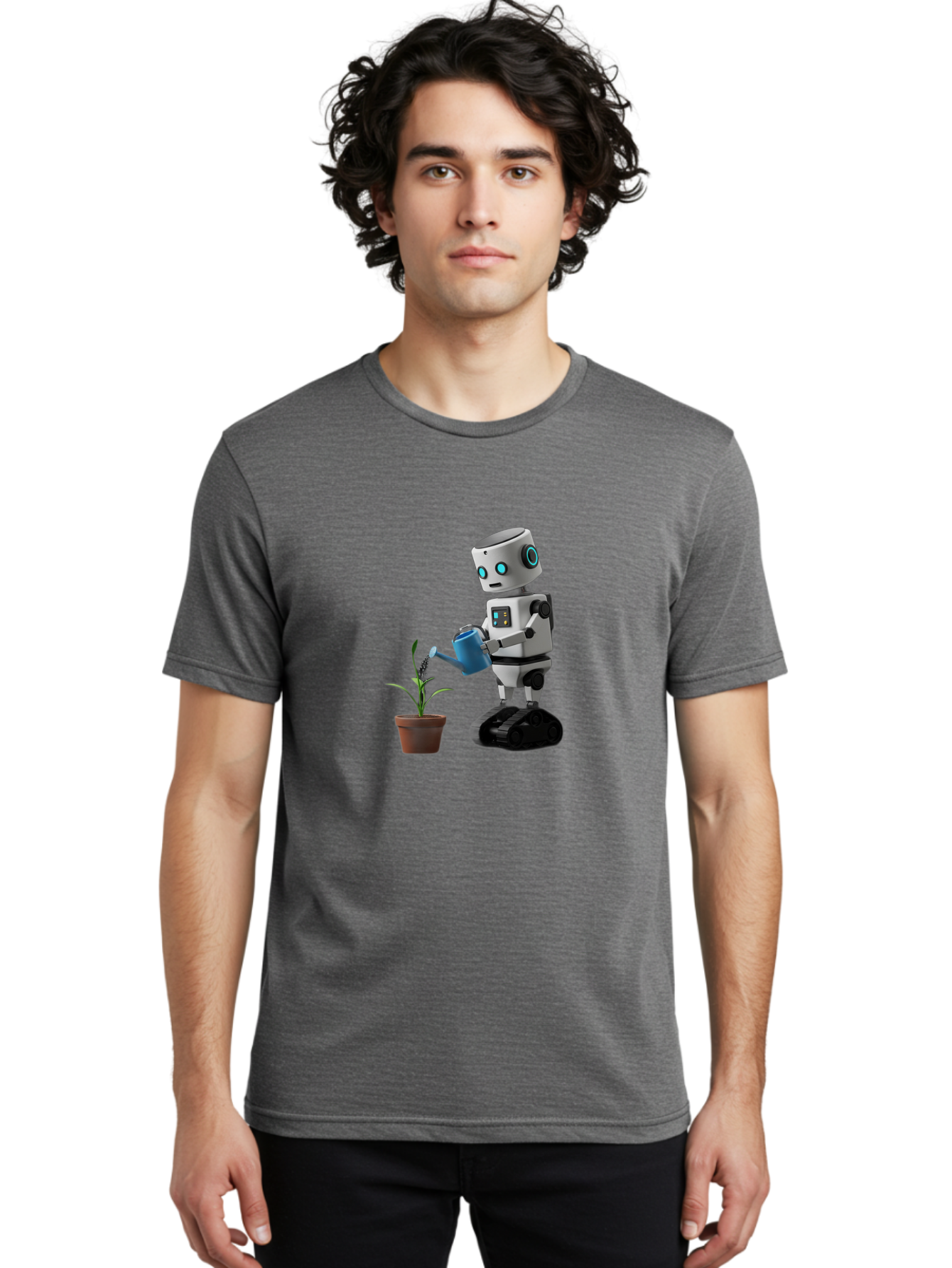 Robot-Watering-Plant Men'S Graphic Tee, 100% Cotton, Comfortable Casual Summer Wear, Machine Washable, Robot Watering Plant, Futuristic Gardening, Artificial Intelligence, Robotic Care, Potted Plant, Blue Watering Can, Robotic Technology, Bab357 8