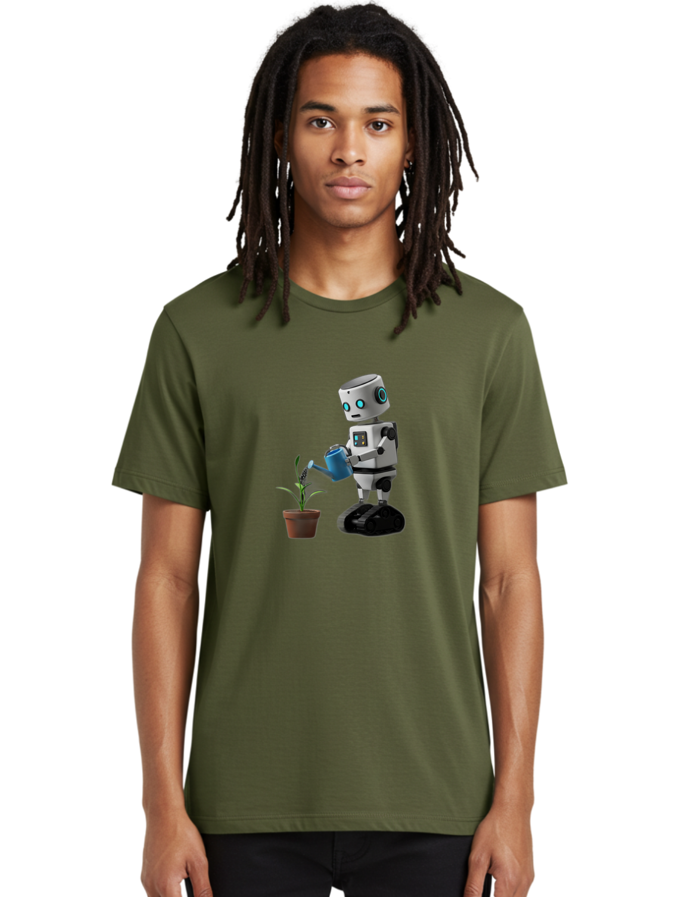 Robot-Watering-Plant Men'S Graphic Tee, 100% Cotton, Comfortable Casual Summer Wear, Machine Washable, Robot Watering Plant, Futuristic Gardening, Artificial Intelligence, Robotic Care, Potted Plant, Blue Watering Can, Robotic Technology, Bab357 10