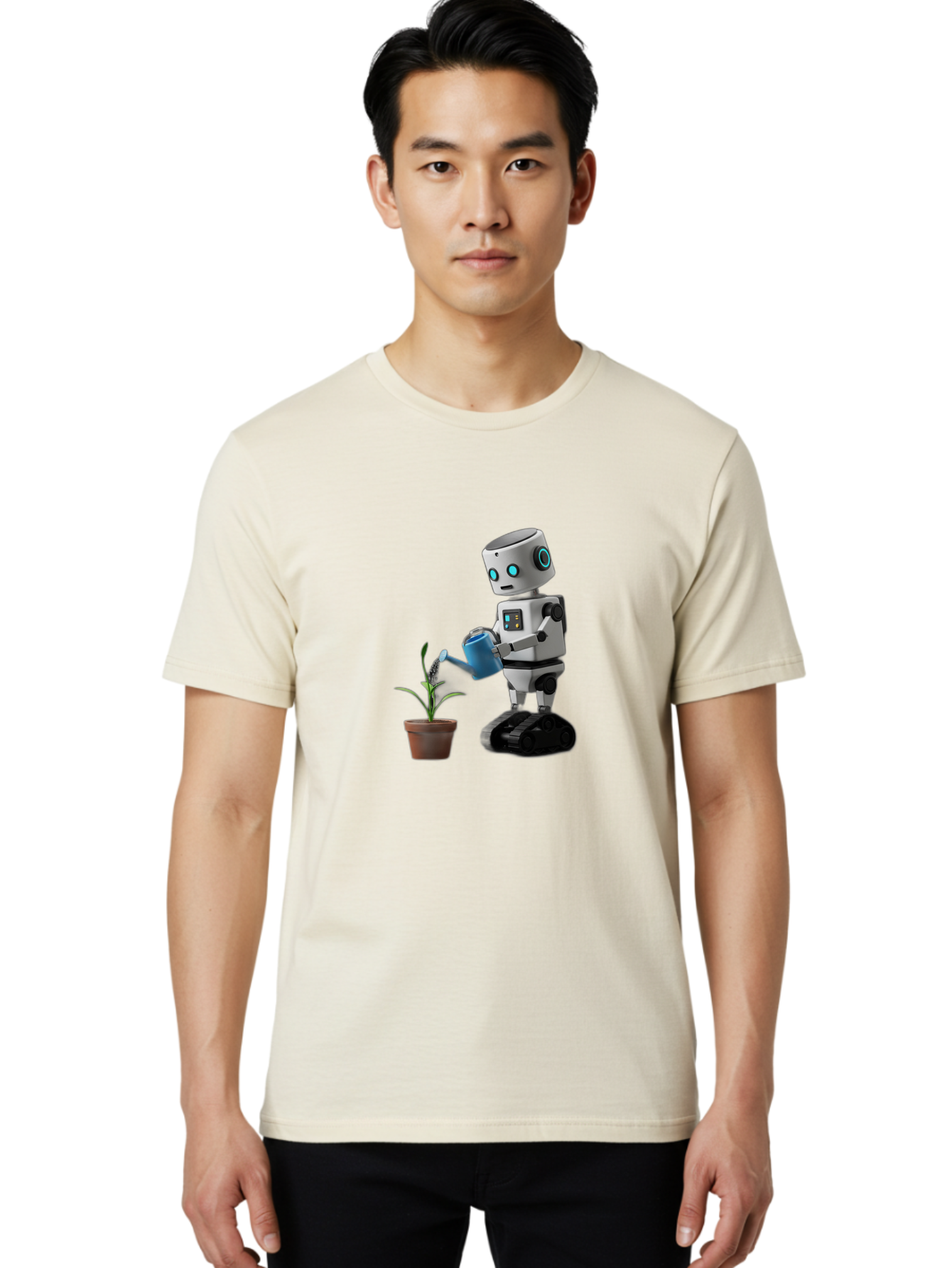 Robot-Watering-Plant Men'S Graphic Tee, 100% Cotton, Comfortable Casual Summer Wear, Machine Washable, Robot Watering Plant, Futuristic Gardening, Artificial Intelligence, Robotic Care, Potted Plant, Blue Watering Can, Robotic Technology, Bab357 22