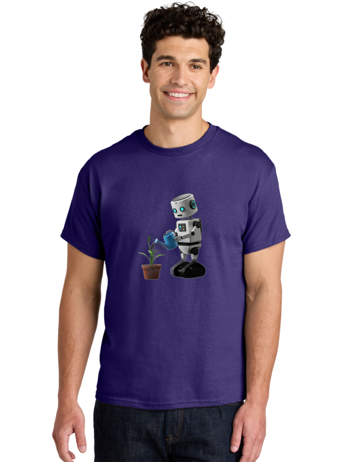Robot-Watering-Plant Men'S Graphic Tee, 100% Cotton, Comfortable Casual Summer Wear, Machine Washable, Robot Watering Plant, Futuristic Gardening, Artificial Intelligence, Robotic Care, Potted Plant, Blue Watering Can, Robotic Technology, Bab357 20