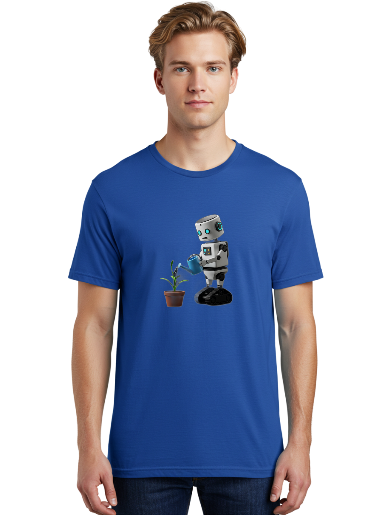 Robot-Watering-Plant Men'S Graphic Tee, 100% Cotton, Comfortable Casual Summer Wear, Machine Washable, Robot Watering Plant, Futuristic Gardening, Artificial Intelligence, Robotic Care, Potted Plant, Blue Watering Can, Robotic Technology, Bab357 30