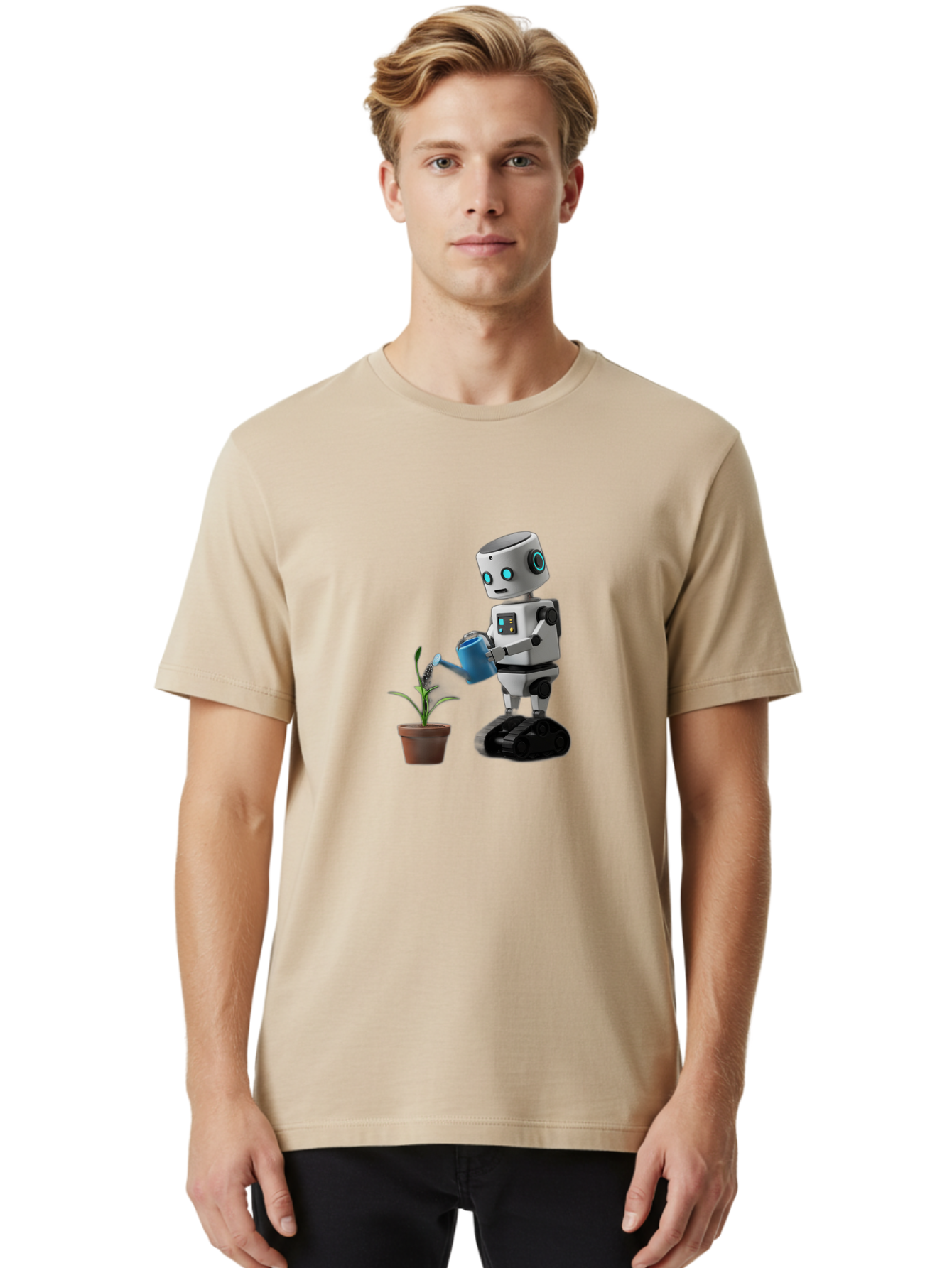 Robot-Watering-Plant Men'S Graphic Tee, 100% Cotton, Comfortable Casual Summer Wear, Machine Washable, Robot Watering Plant, Futuristic Gardening, Artificial Intelligence, Robotic Care, Potted Plant, Blue Watering Can, Robotic Technology, Bab357 6