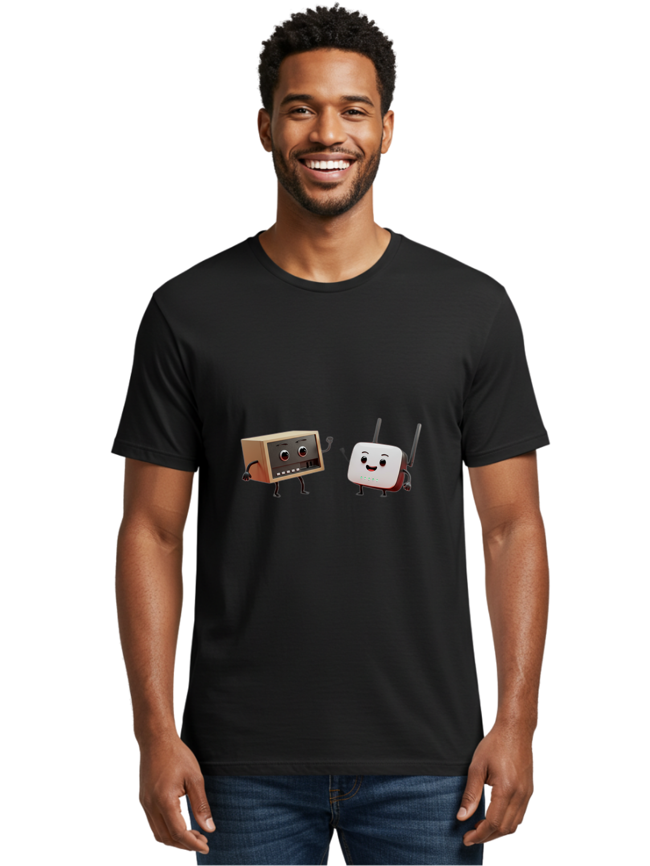 Router-And-Radio Men'S Graphic Tee, 100% Cotton, Comfortable Casual Summer Wear, Machine Washable, Anthropomorphic Router, Anthropomorphic Radio, Funny Characters, Cartoon Devices, Smiling Faces, Wireless Technology, Nostalgic Radio, Bab364 6