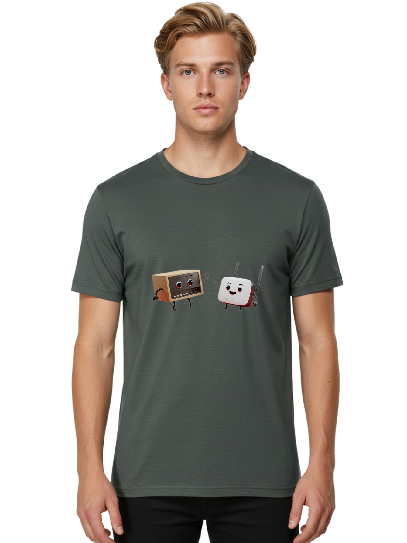 Router-And-Radio Men'S Graphic Tee, 100% Cotton, Comfortable Casual Summer Wear, Machine Washable, Anthropomorphic Router, Anthropomorphic Radio, Funny Characters, Cartoon Devices, Smiling Faces, Wireless Technology, Nostalgic Radio, Bab364 28