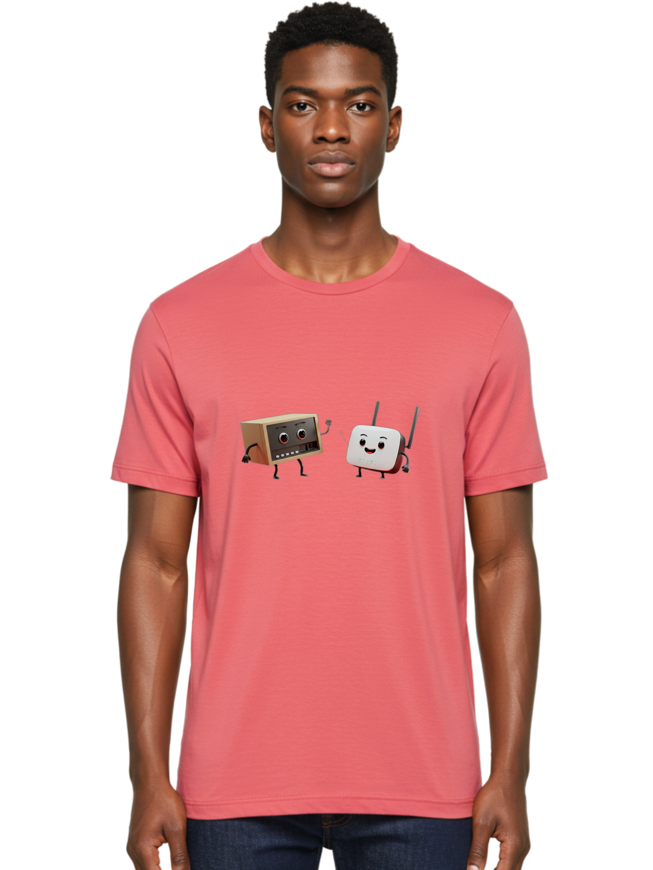 Router-And-Radio Men'S Graphic Tee, 100% Cotton, Comfortable Casual Summer Wear, Machine Washable, Anthropomorphic Router, Anthropomorphic Radio, Funny Characters, Cartoon Devices, Smiling Faces, Wireless Technology, Nostalgic Radio, Bab364 14