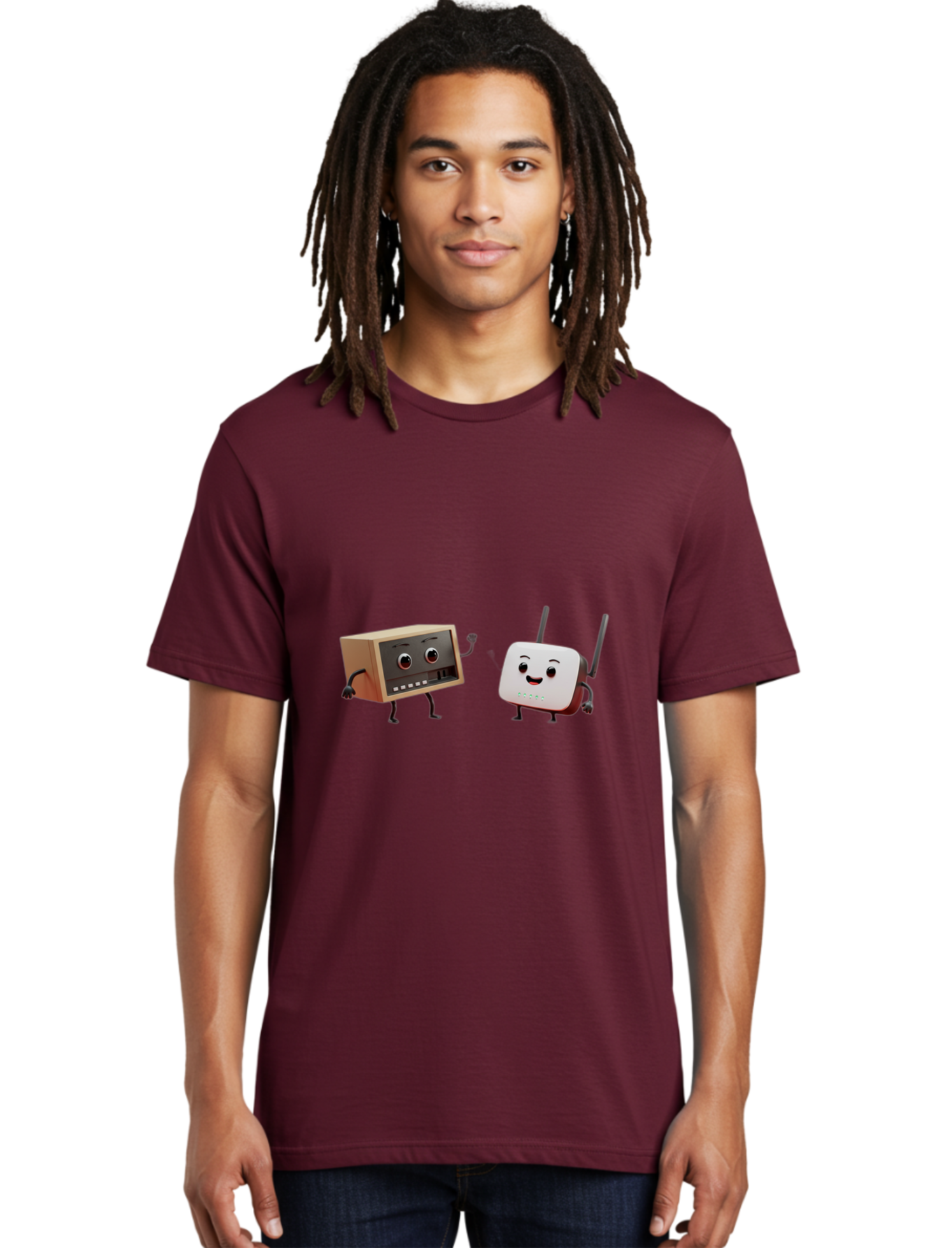 Router-And-Radio Men'S Graphic Tee, 100% Cotton, Comfortable Casual Summer Wear, Machine Washable, Anthropomorphic Router, Anthropomorphic Radio, Funny Characters, Cartoon Devices, Smiling Faces, Wireless Technology, Nostalgic Radio, Bab364 22
