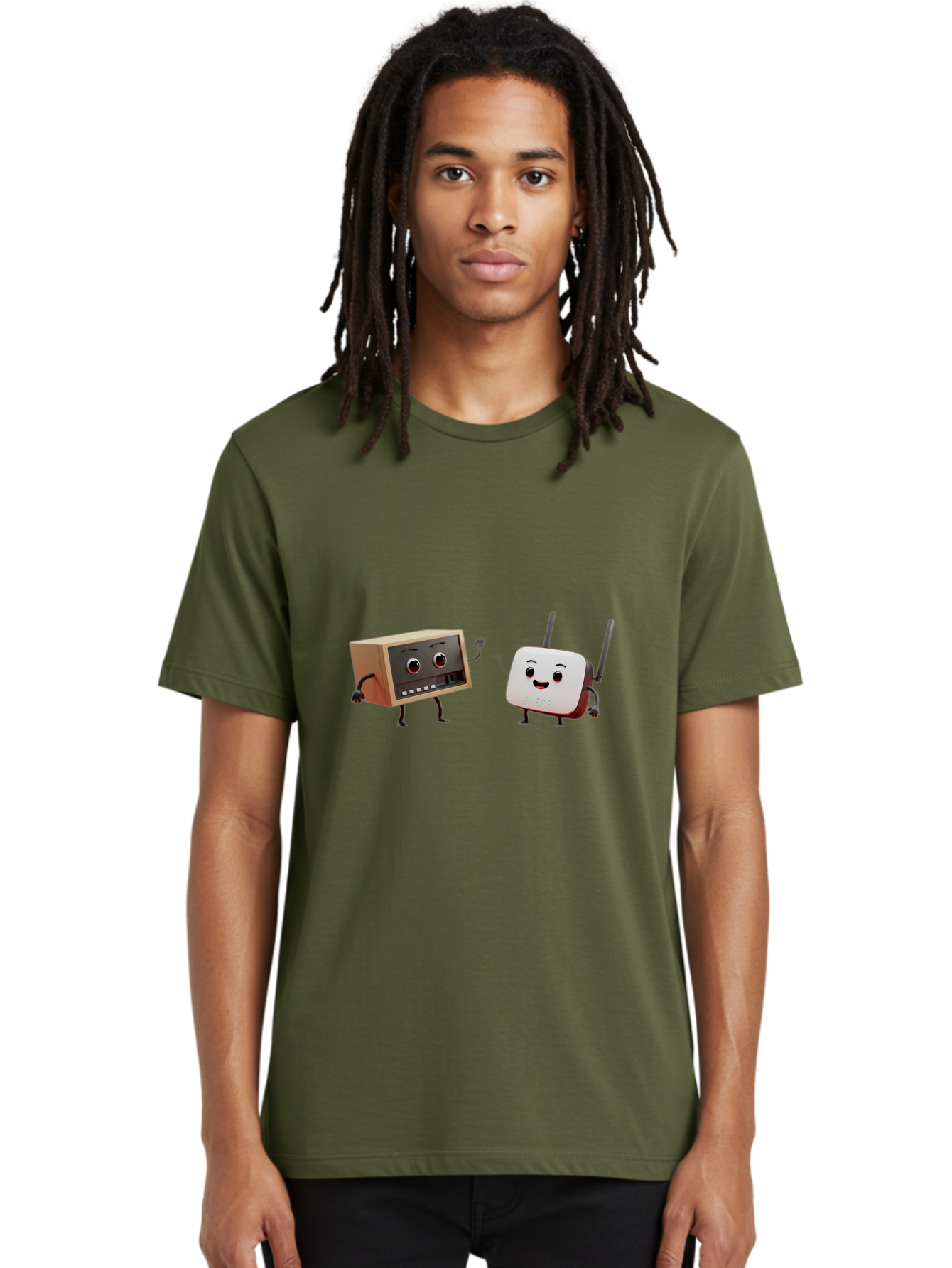Router-And-Radio Men'S Graphic Tee, 100% Cotton, Comfortable Casual Summer Wear, Machine Washable, Anthropomorphic Router, Anthropomorphic Radio, Funny Characters, Cartoon Devices, Smiling Faces, Wireless Technology, Nostalgic Radio, Bab364 26